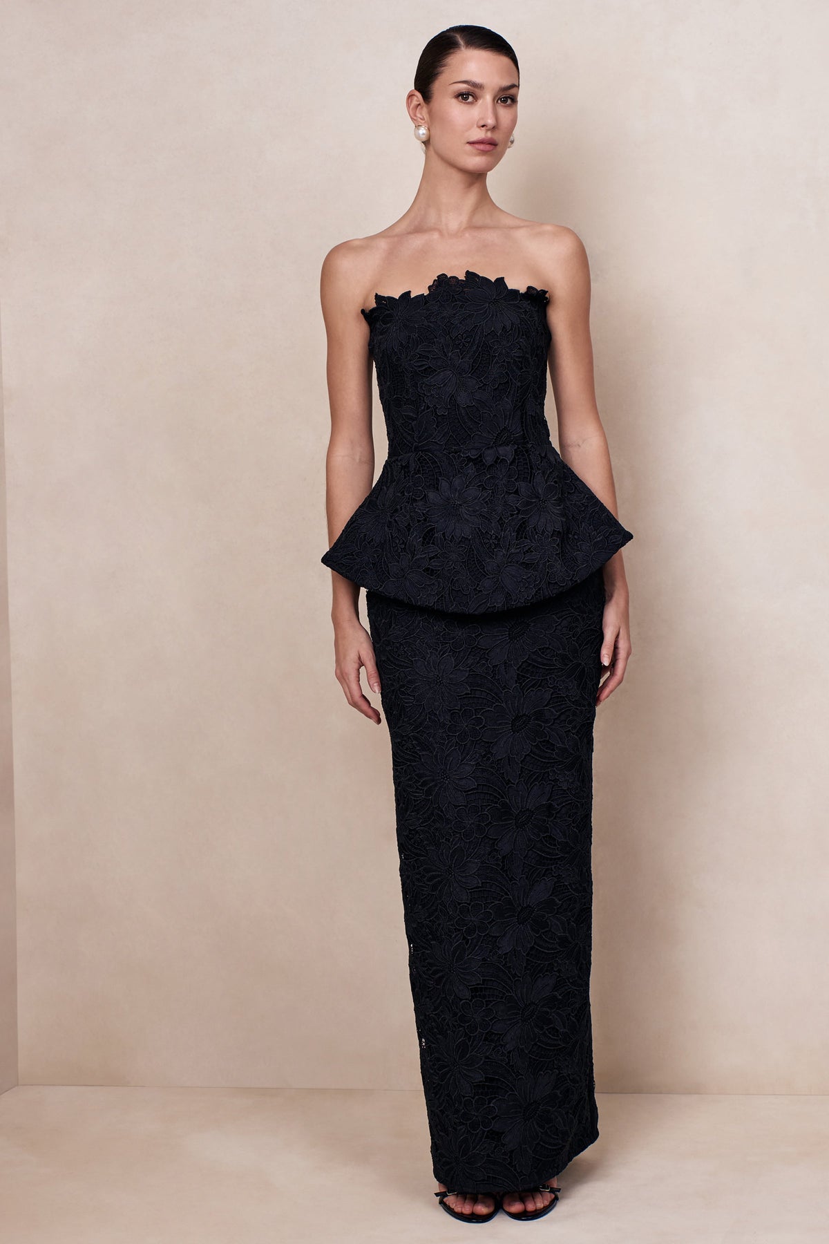 Delvine | Black Lace Bandeau Corset Maxi Dress