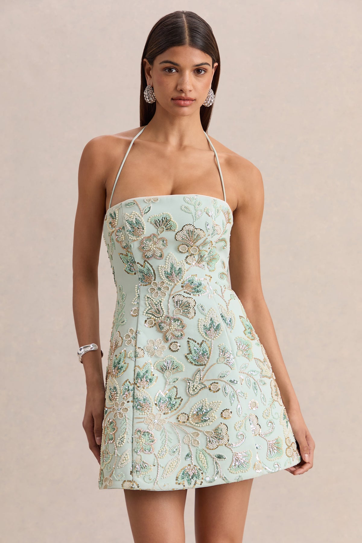 Brianna | Mint Floral Embellished Square-Neck Mini Dress