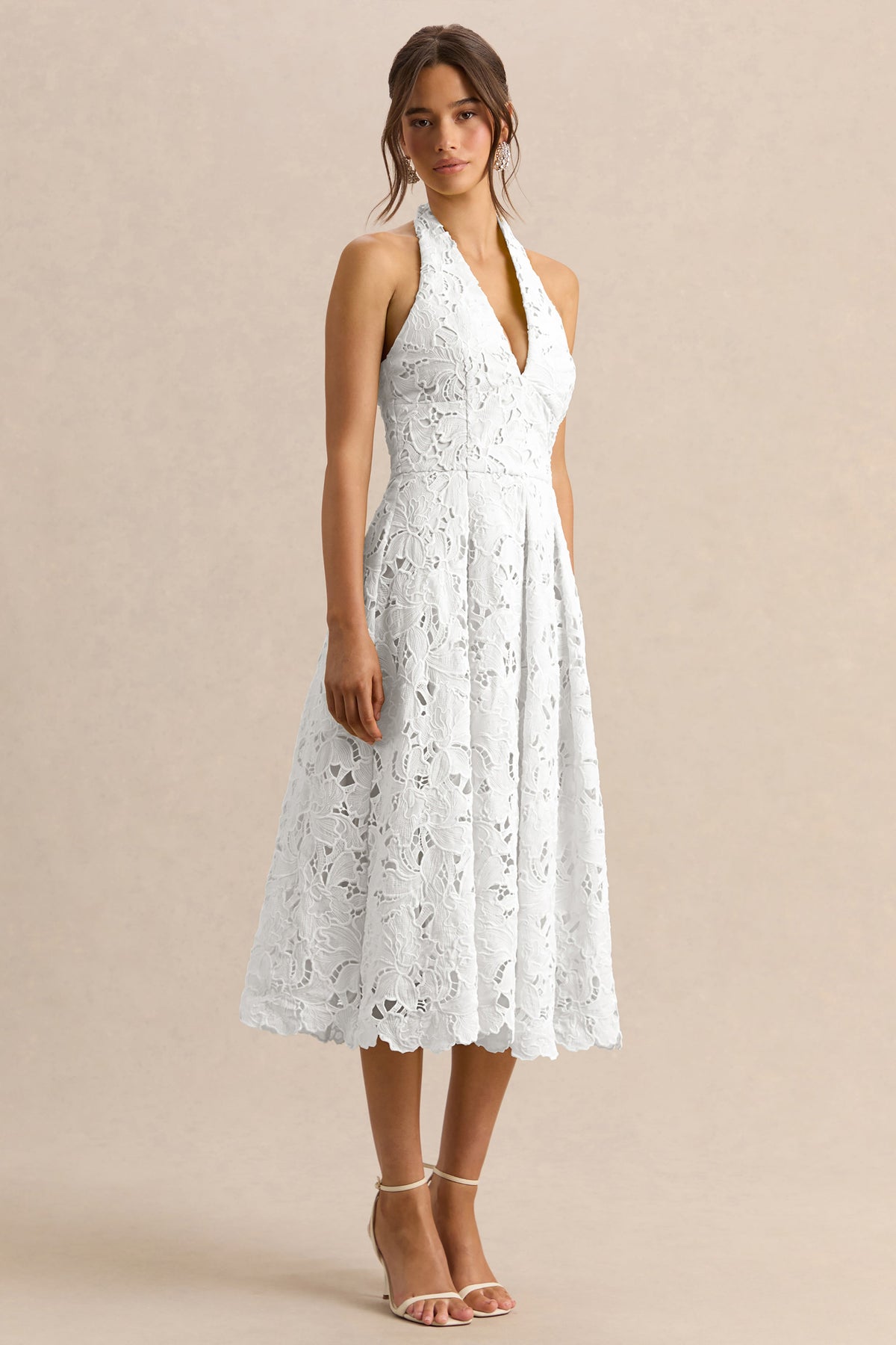Maribel | White Lace Plunge-Neck Midi Dress