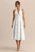 Maribel | White Lace Plunge-Neck Midi Dress