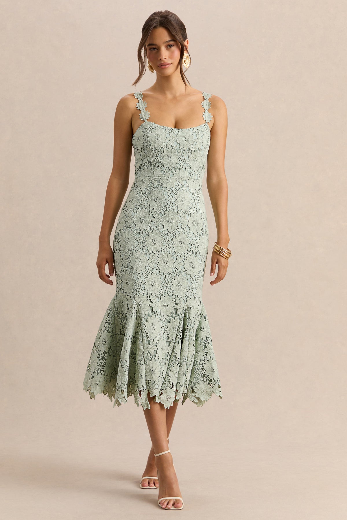 Melia | Sage Lace Scoop-Neck Midi Dress