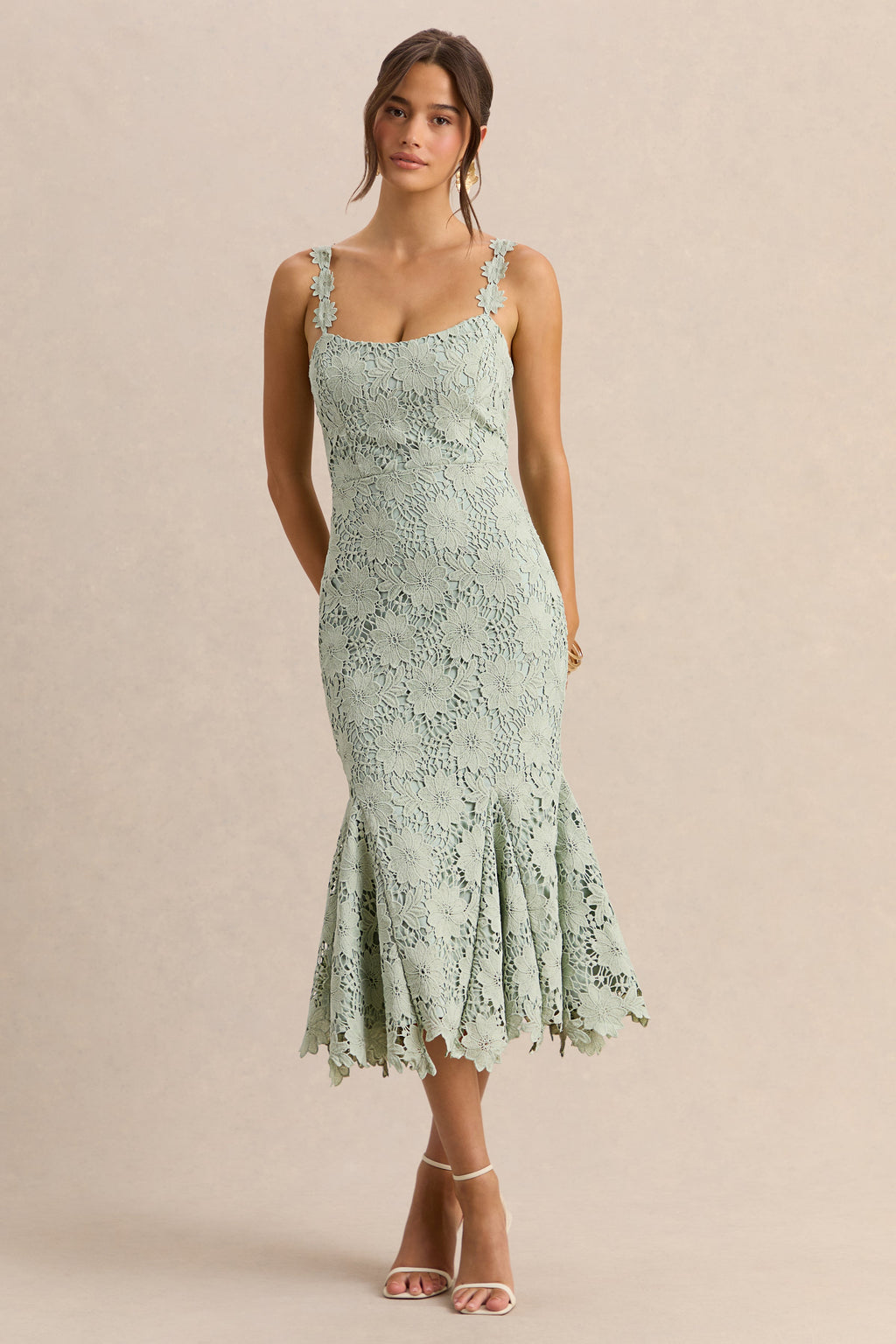 Melia | Sage Lace Scoop-Neck Midi Dress