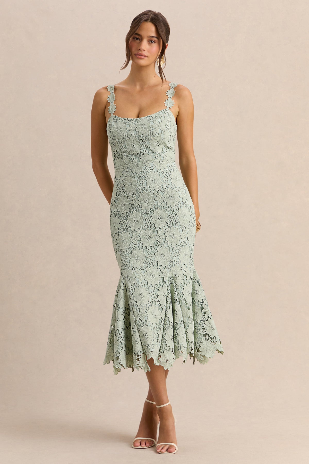 Melia | Sage Lace Scoop-Neck Midi Dress