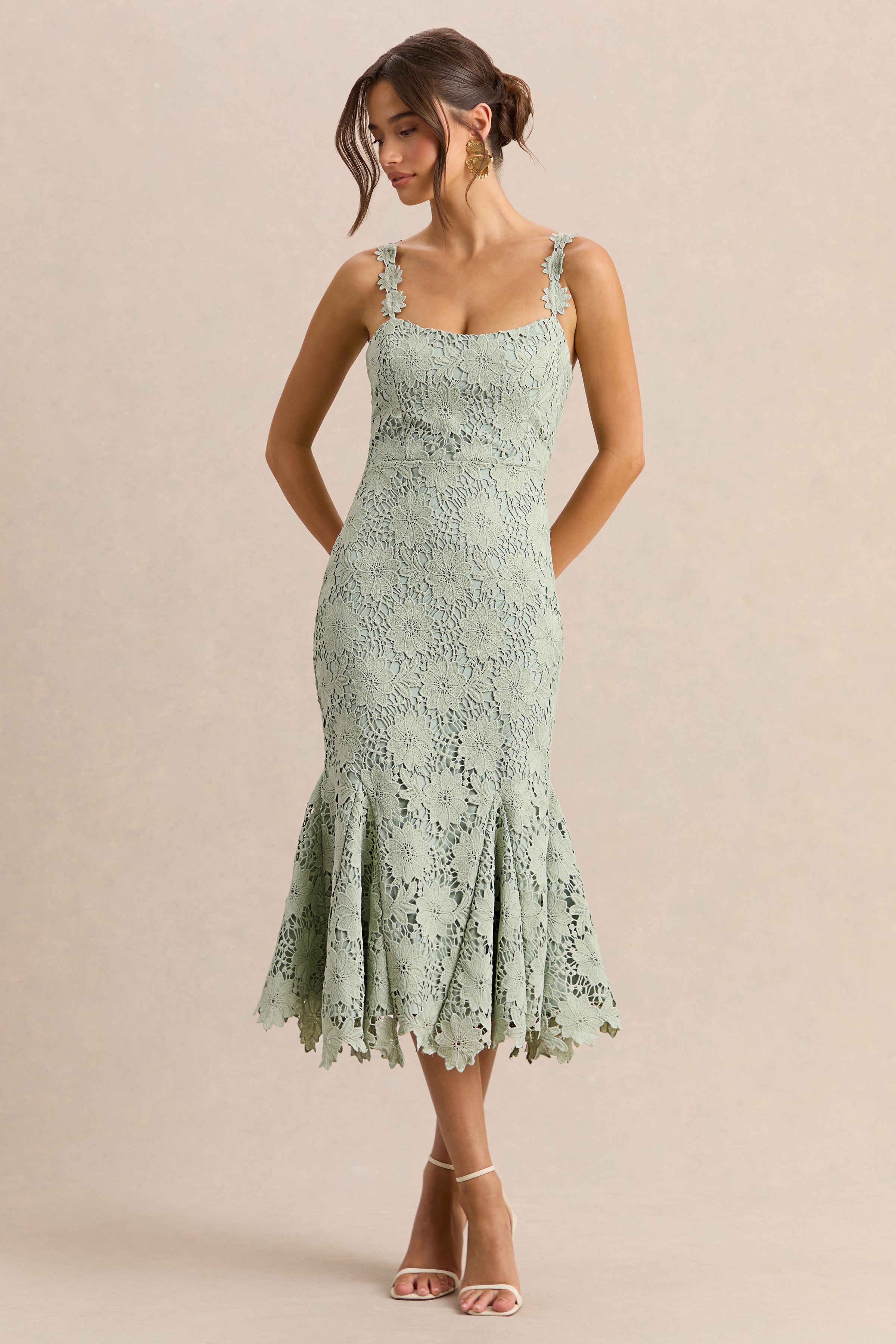 Melia | Sage Lace Scoop-Neck Midi Dress