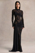 Akira | Black Sheer Lace Maxi Dress With Sash-Detail