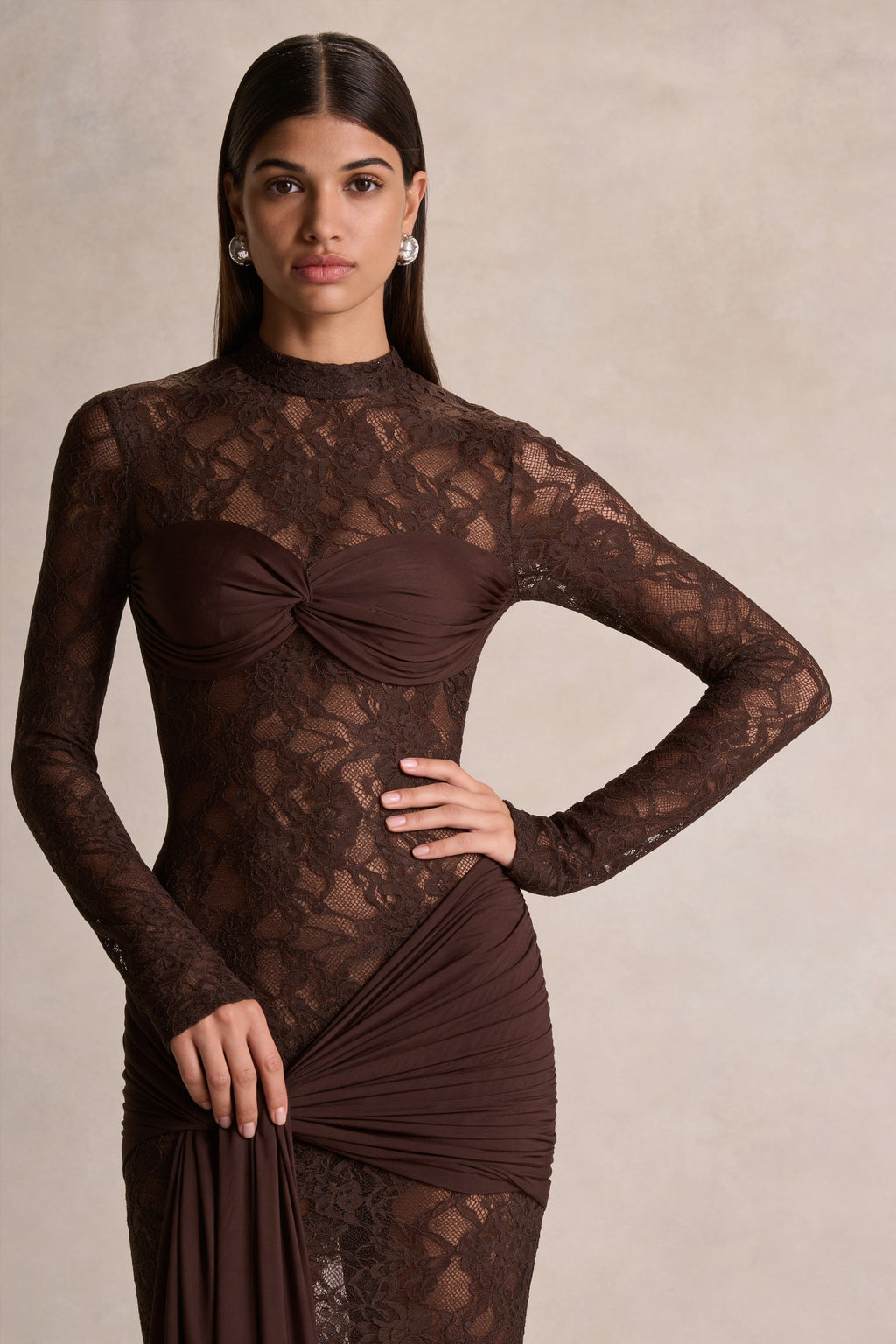 Akira | Brown Lace Maxi Dress With Sash-Detail