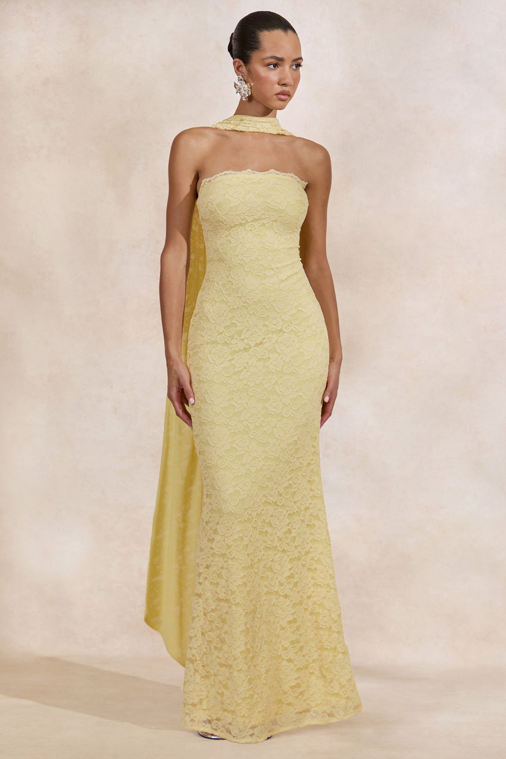 Massima | Lemon Lace Bandeau Maxi Dress With Scarf-Detail