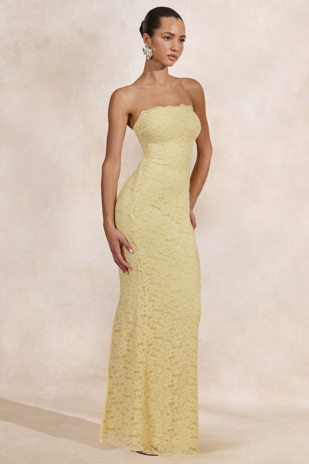 Massima | Lemon Lace Bandeau Maxi Dress With Scarf-Detail