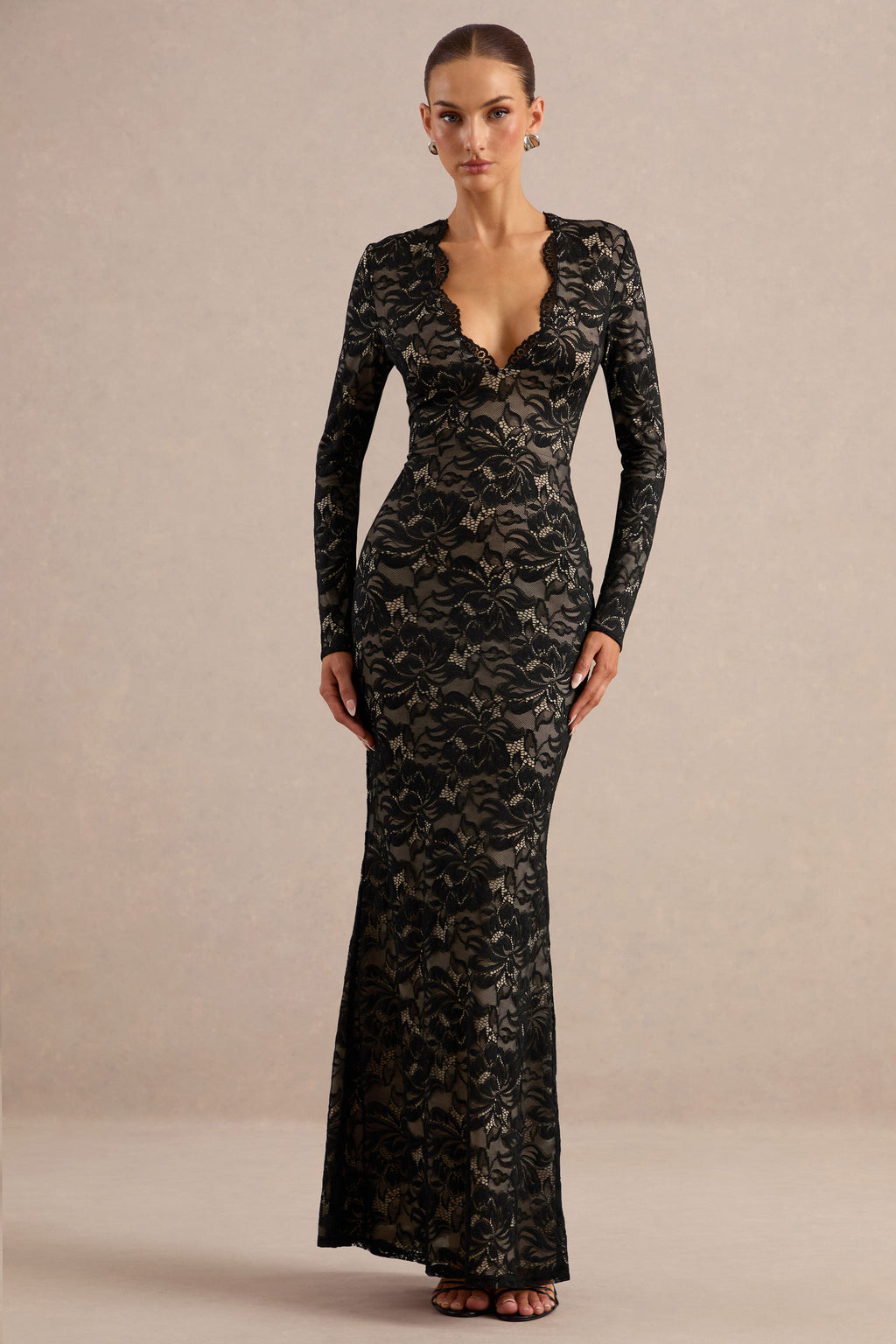 Avorine | Black Lace Plunge-Neck Maxi Dress