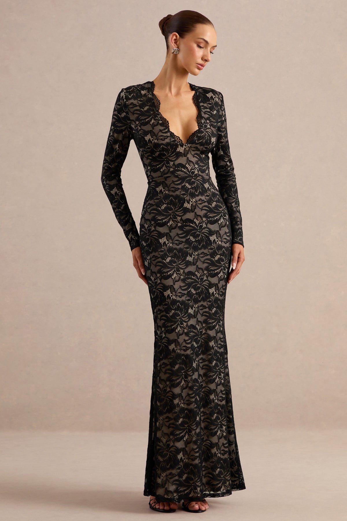 Avorine | Black Lace Plunge-Neck Maxi Dress