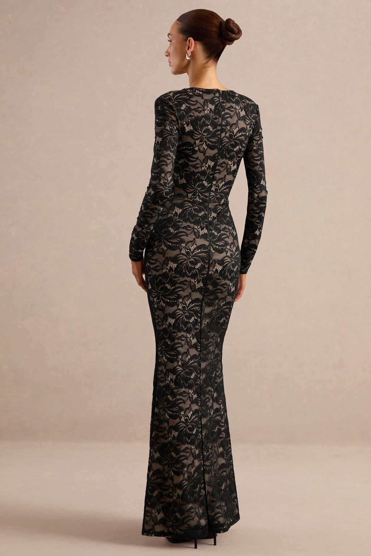 Avorine | Black Lace Plunge-Neck Maxi Dress