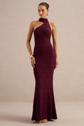 Almaria | Burgundy Lace Asymmetric-Neck Maxi Dress With Collar-Detail