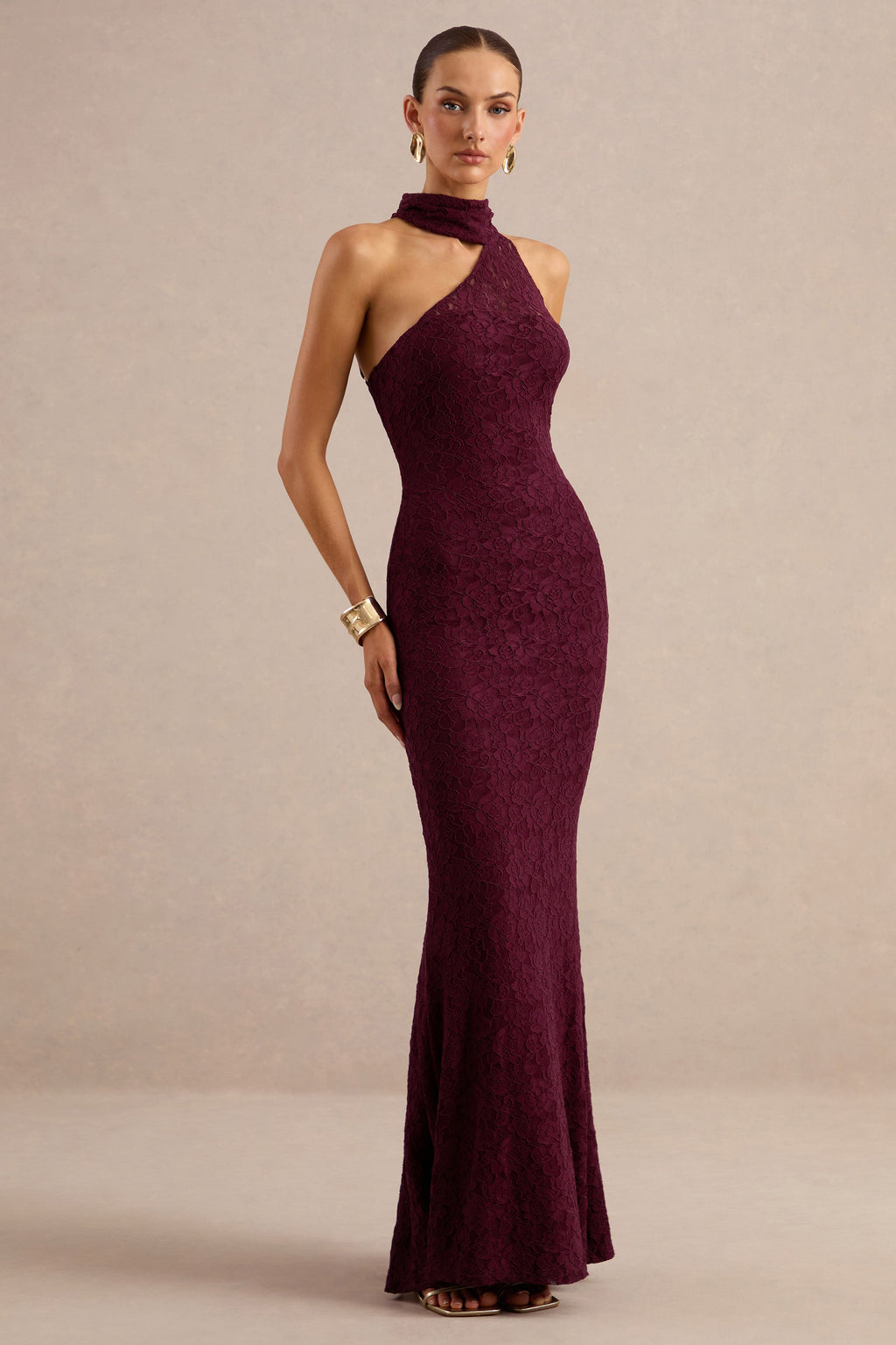 Almaria | Burgundy Lace Asymmetric-Neck Maxi Dress With Collar-Detail