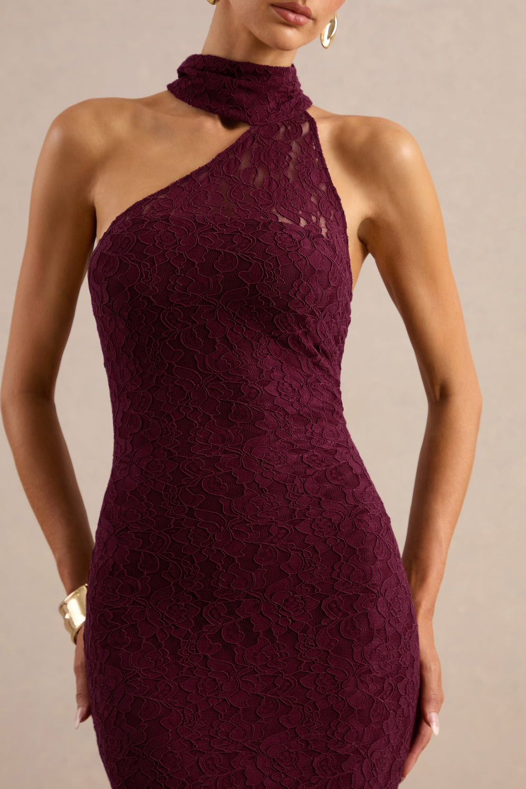 Almaria | Burgundy Lace Asymmetric-Neck Maxi Dress With Collar-Detail