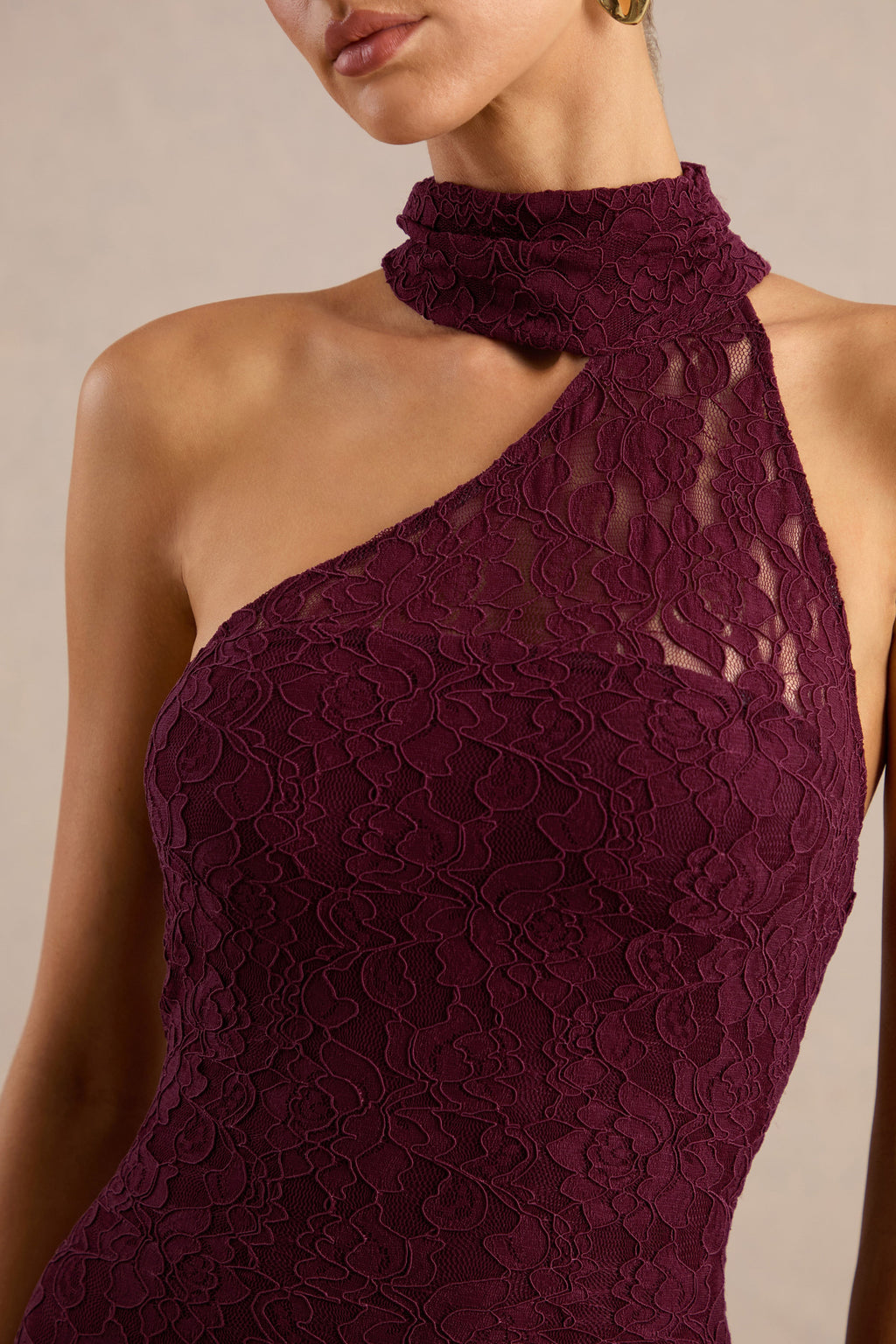 Almaria | Burgundy Lace Asymmetric-Neck Maxi Dress With Collar-Detail