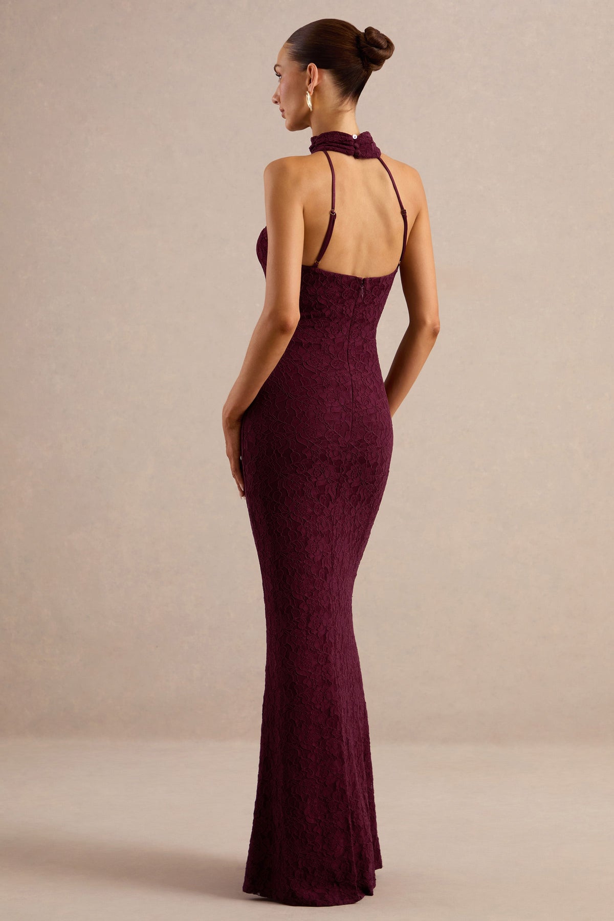 Almaria | Burgundy Lace Asymmetric-Neck Maxi Dress With Collar-Detail