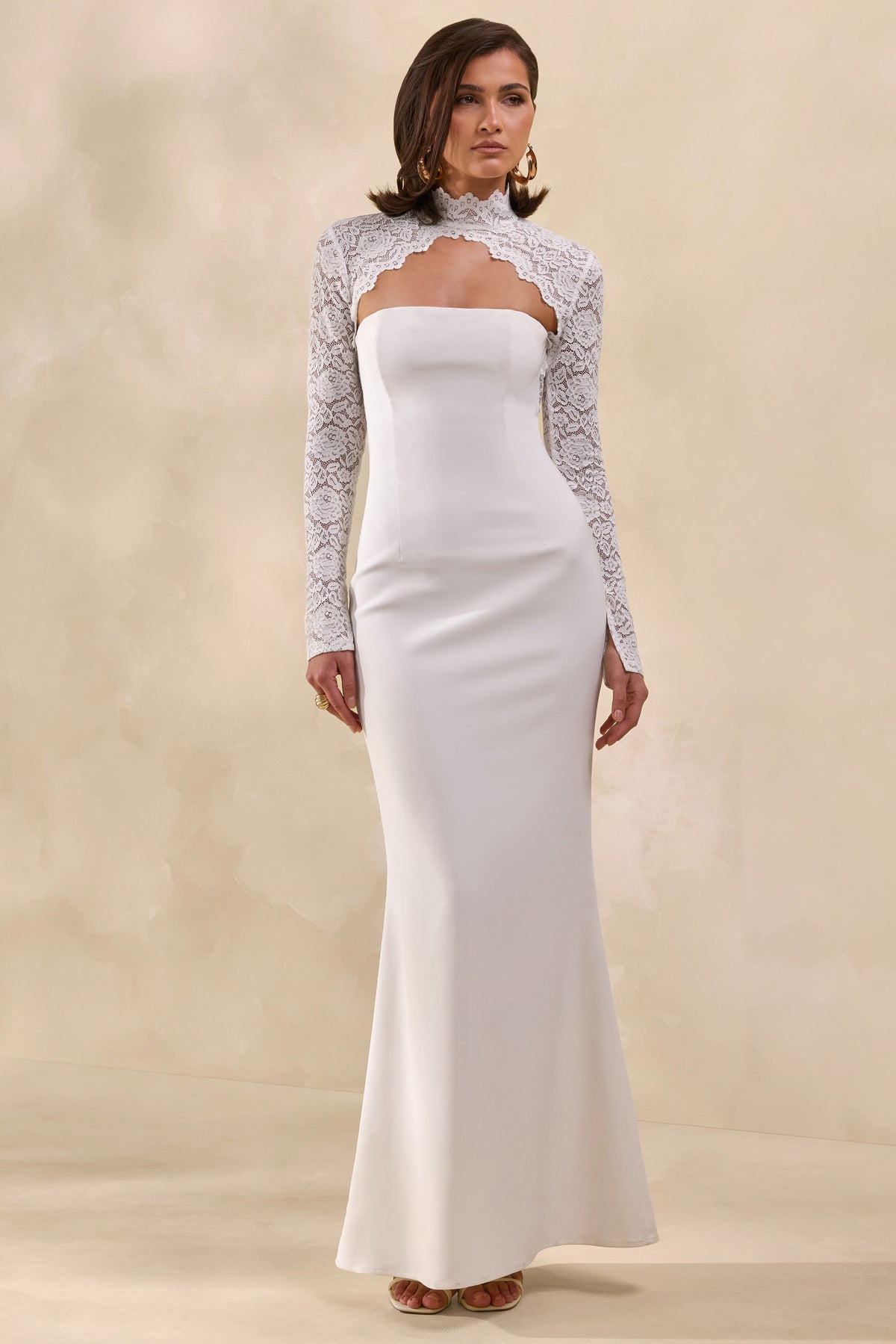 Yarrow | White Lace High-Neck Maxi-Dress With Open-Back