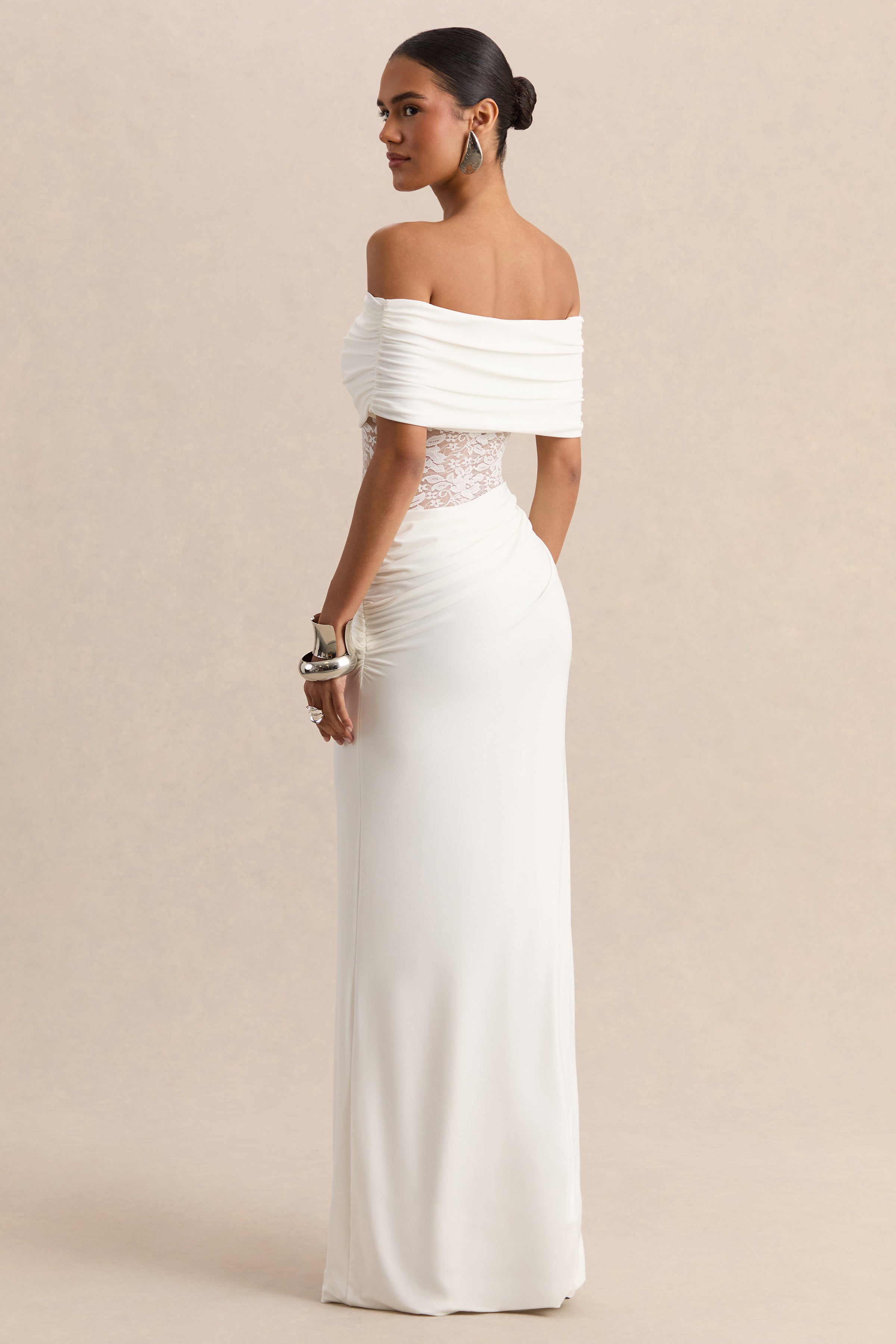 Forsya | White Bardot-Neck Maxi Dress With Lace-Detailing