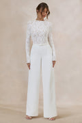 Romancea | White Lace High-Neck Jumpsuit With Belt Detail