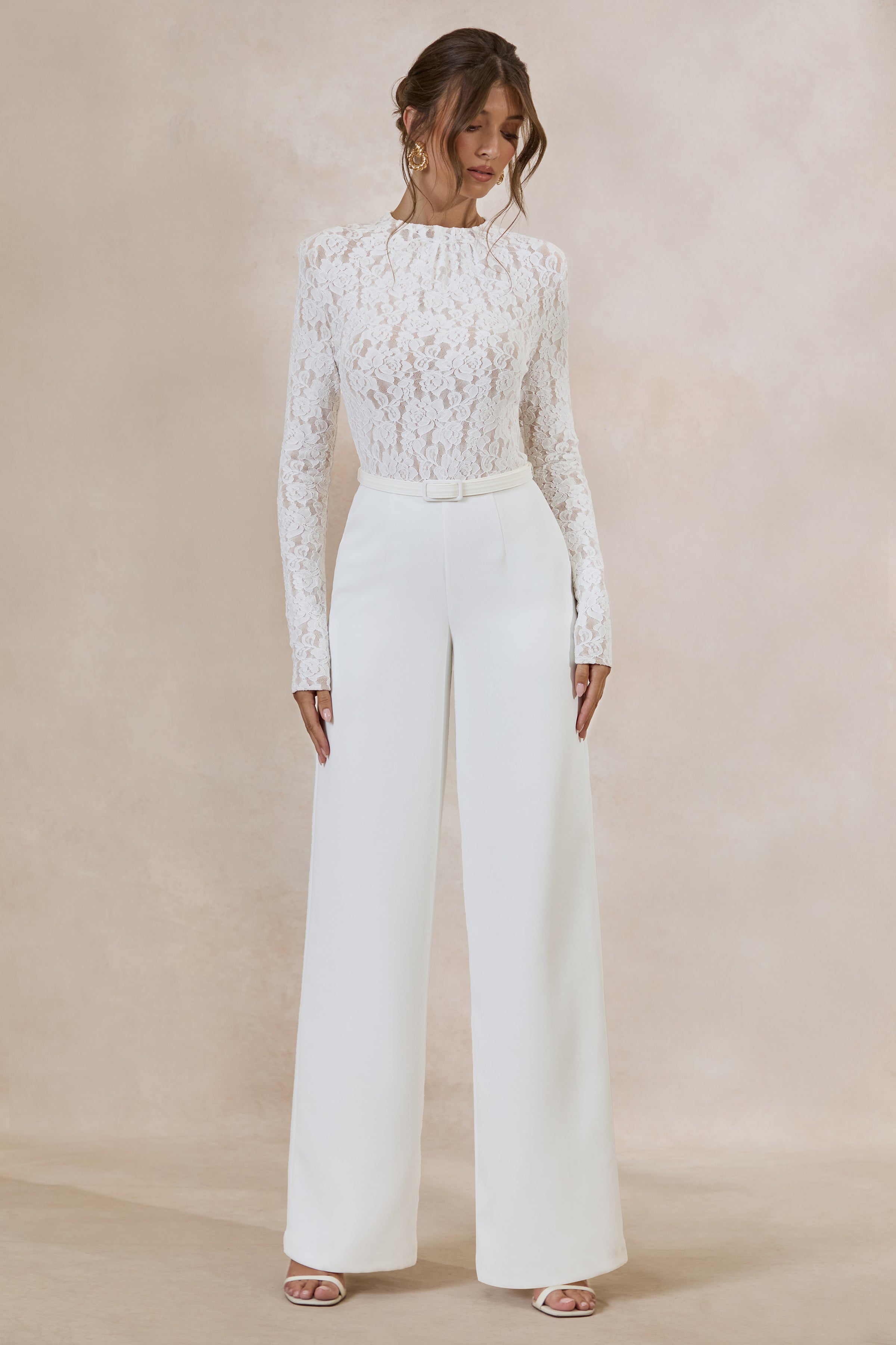Romancea | White Lace High-Neck Jumpsuit With Belt Detail
