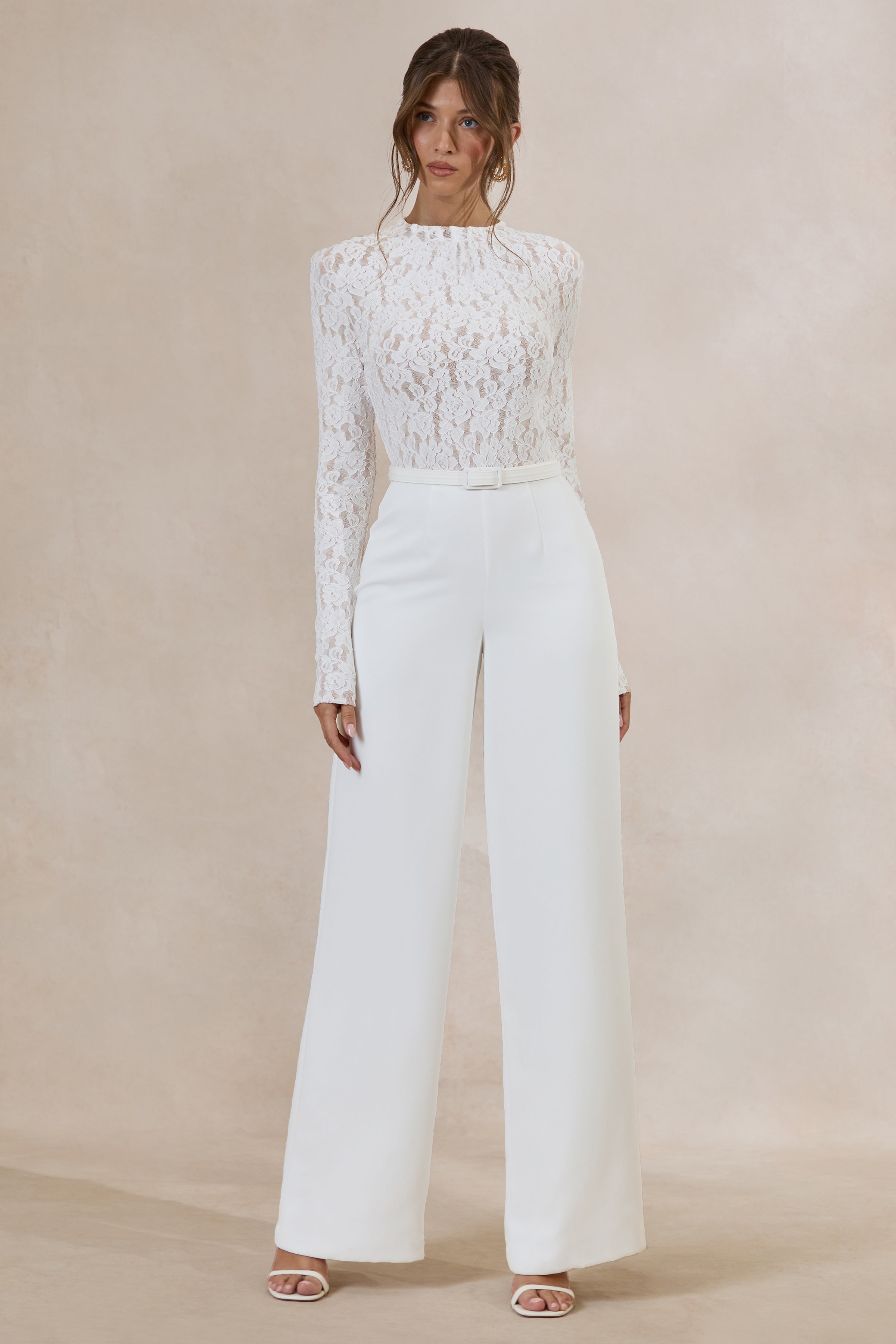 Romancea | White Lace High-Neck Jumpsuit With Belt Detail