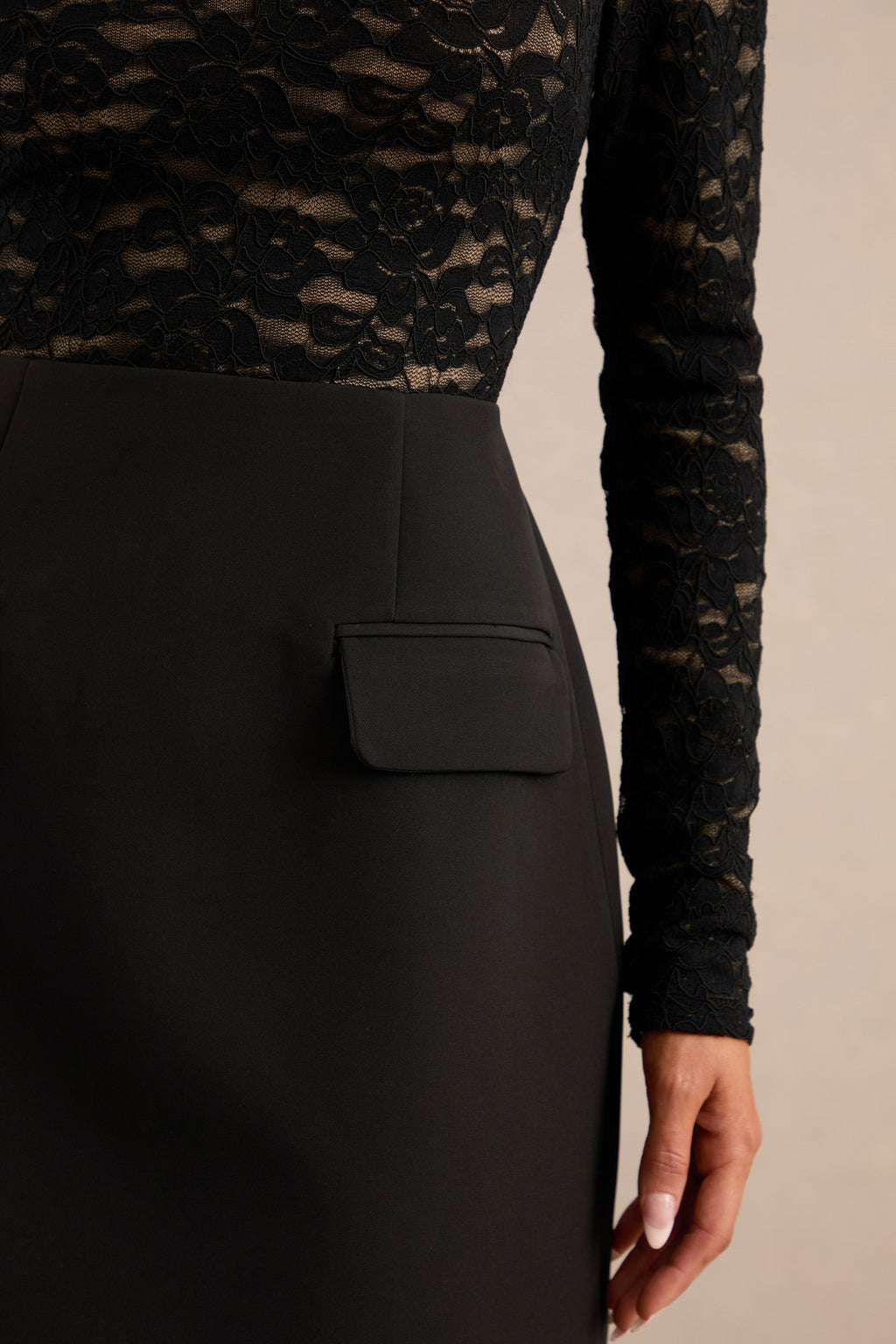 Mysteria | Black High-Neck Lace Mini Dress With Pocket-Details