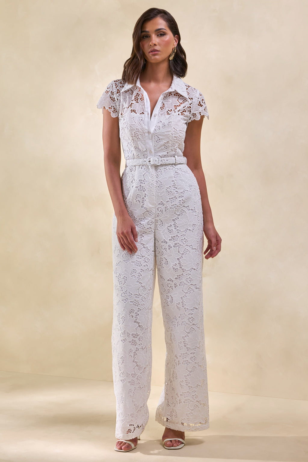 Zerelle | White Lace Collared Plunge-Neck Jumpsuit With Belt-Detail