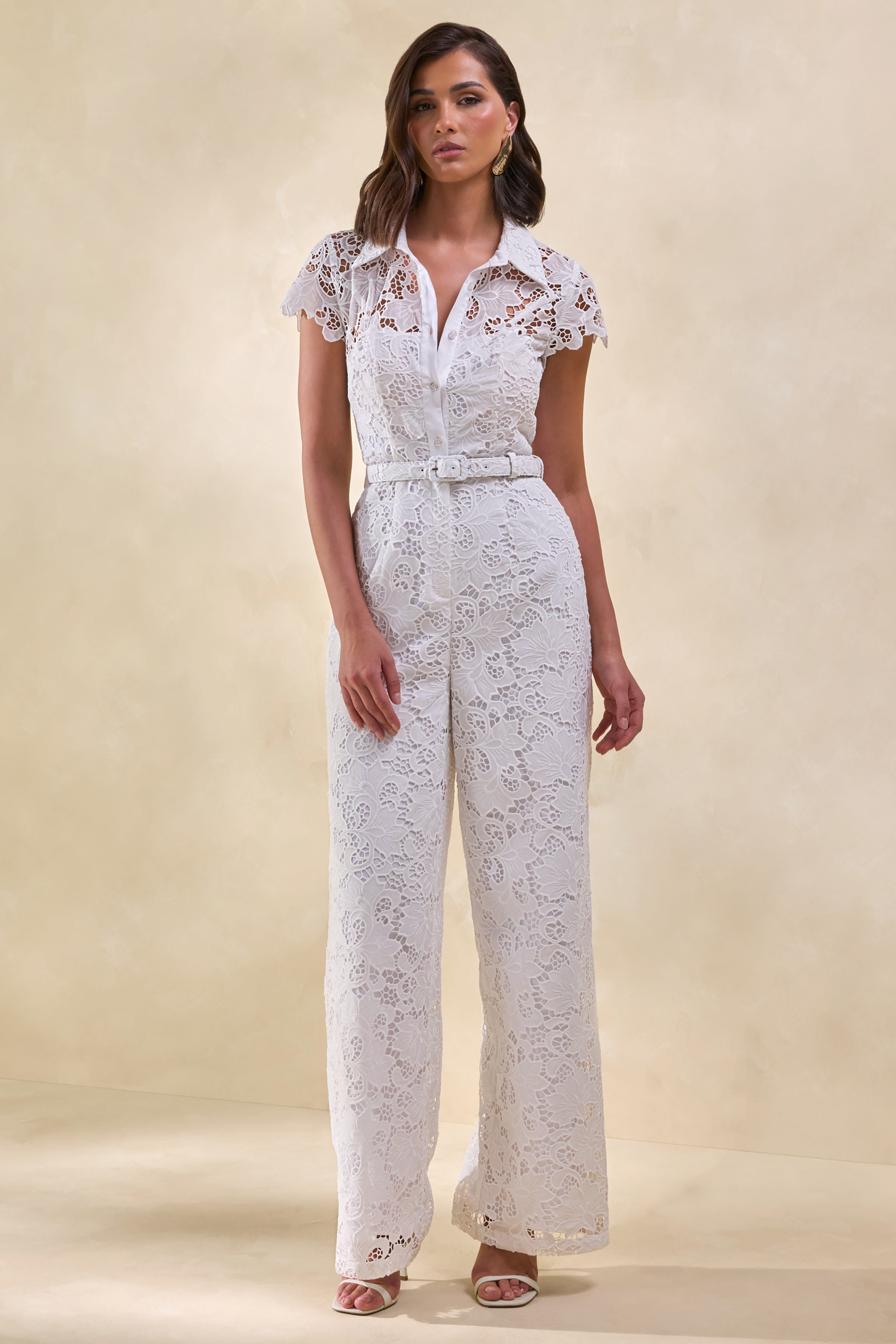 Zerelle | White Lace Collared Plunge-Neck Jumpsuit With Belt-Detail
