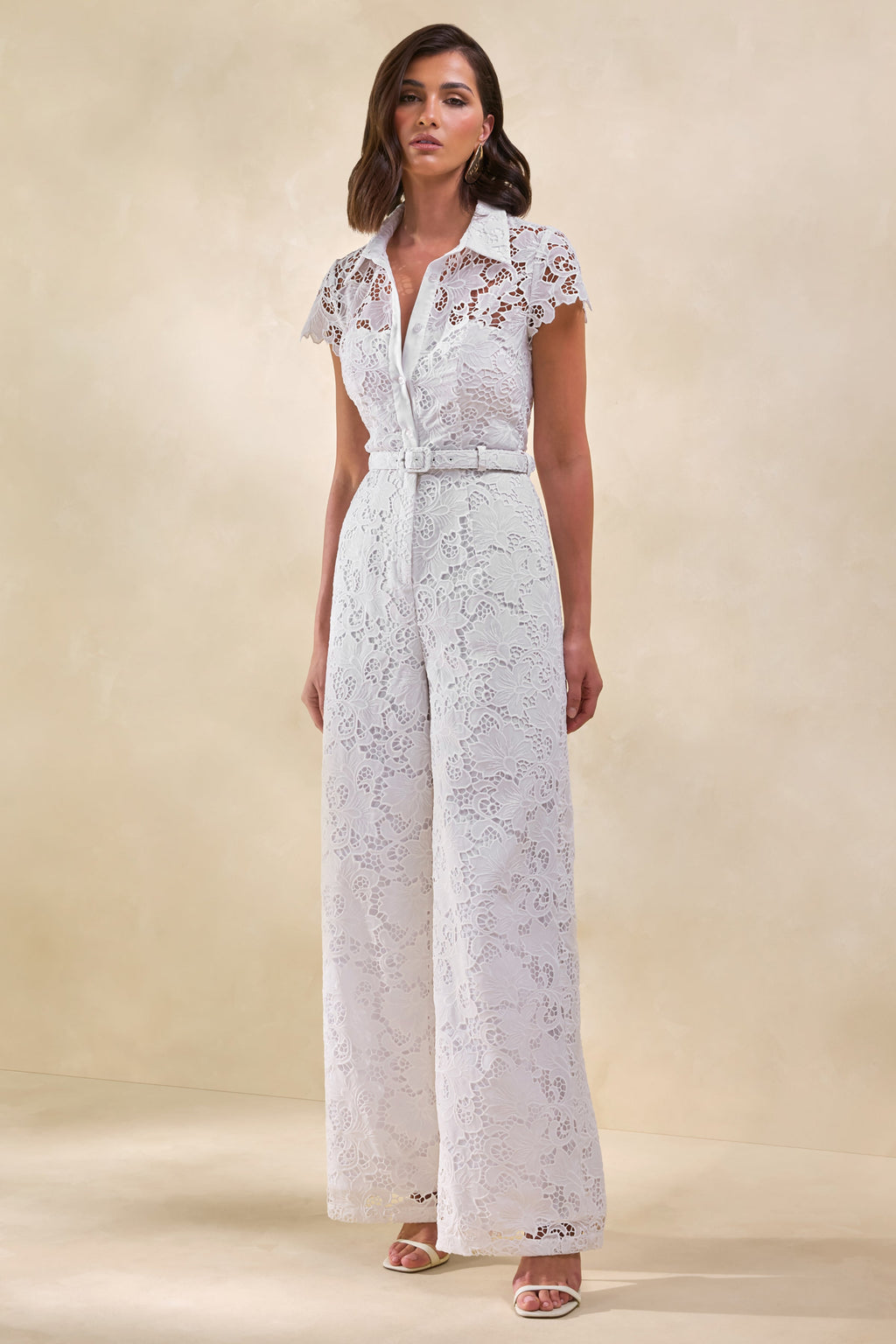 Zerelle | White Lace Collared Plunge-Neck Jumpsuit With Belt-Detail