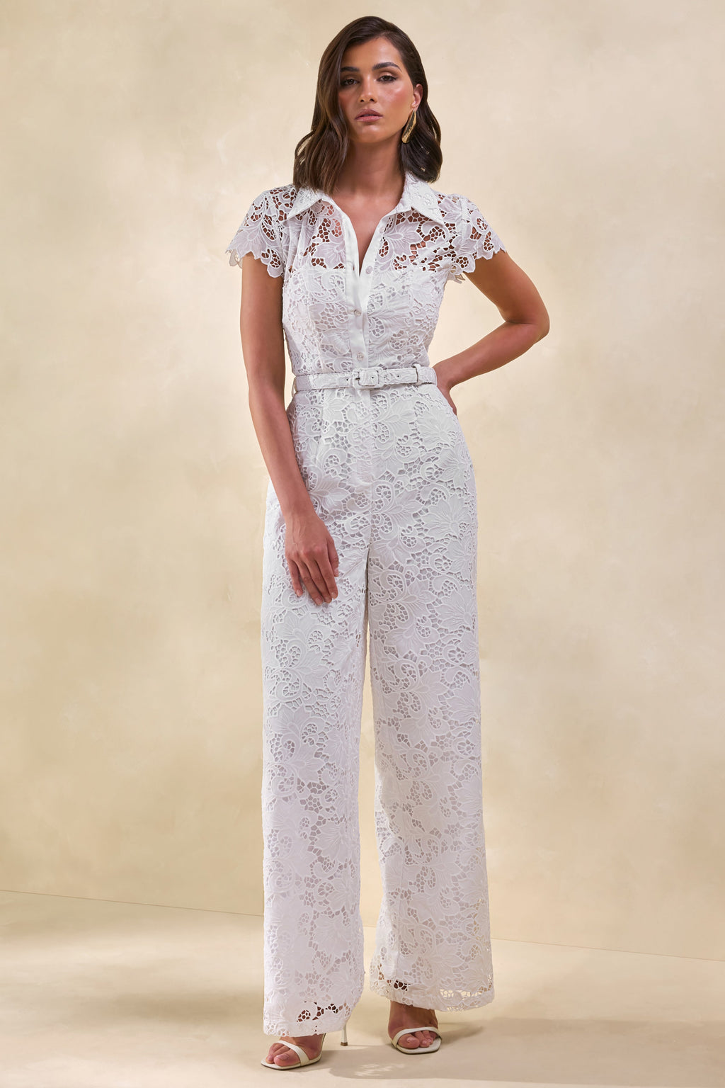Zerelle | White Lace Collared Plunge-Neck Jumpsuit With Belt-Detail