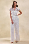 Zerelle | White Lace Collared Plunge-Neck Jumpsuit With Belt-Detail