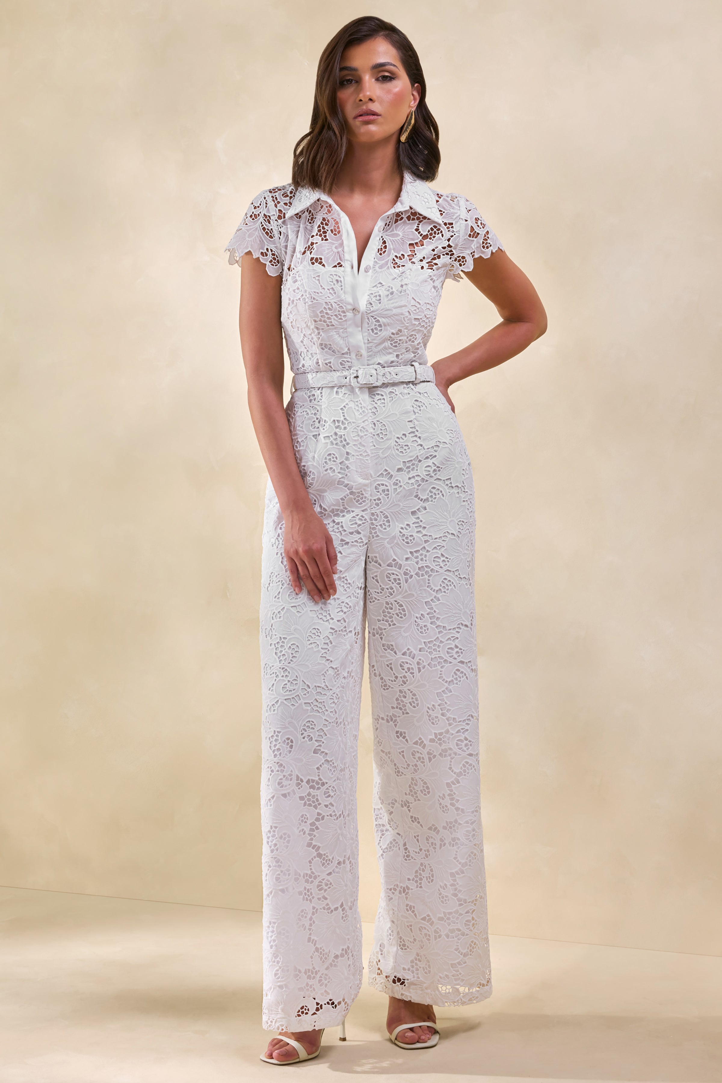 Zerelle | White Lace Collared Plunge-Neck Jumpsuit With Belt-Detail