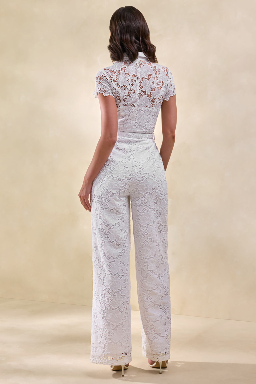 Zerelle | White Lace Collared Plunge-Neck Jumpsuit With Belt-Detail