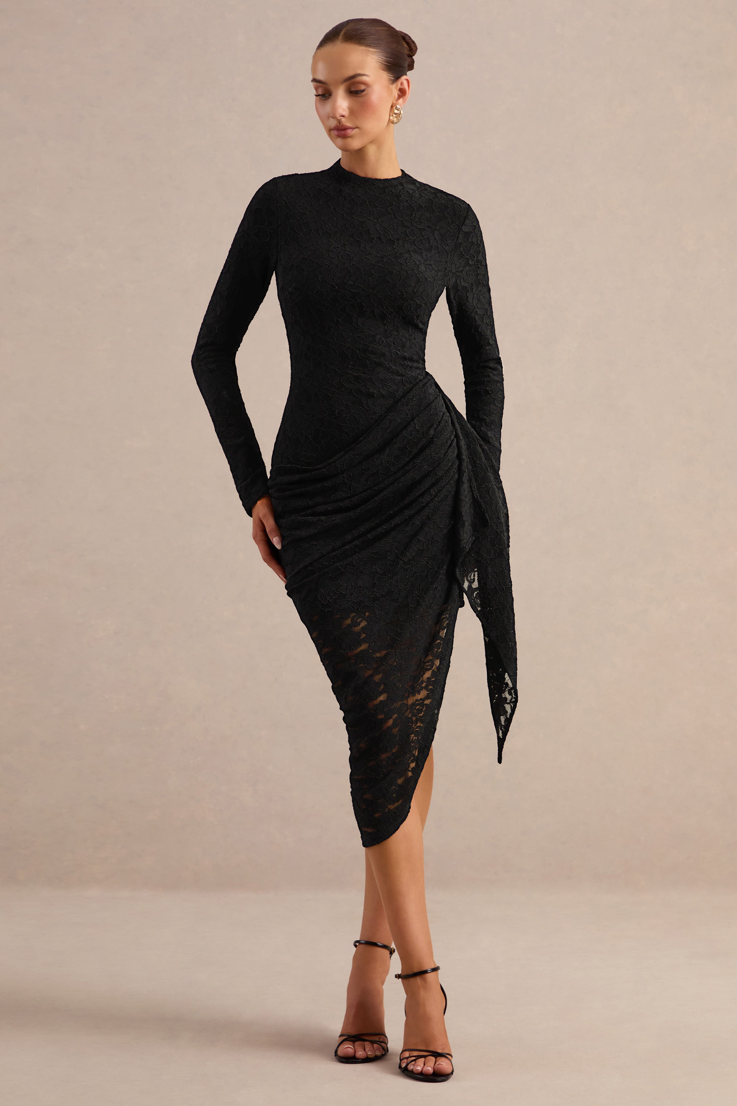 Laureline | Black Lace Crew-Neck Midi Dress With Draped-Detail And Asymmetric-Hem