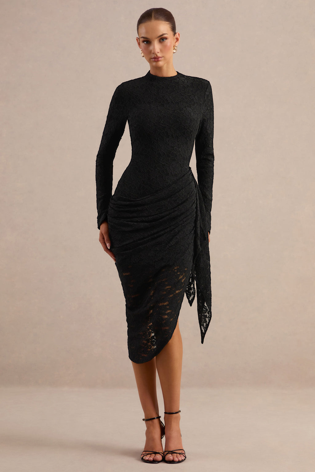 Laureline | Black Lace Crew-Neck Midi Dress With Draped-Detail And Asymmetric-Hem