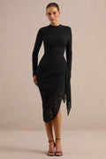 Laureline | Black Lace Crew-Neck Midi Dress With Draped-Detail And Asymmetric-Hem