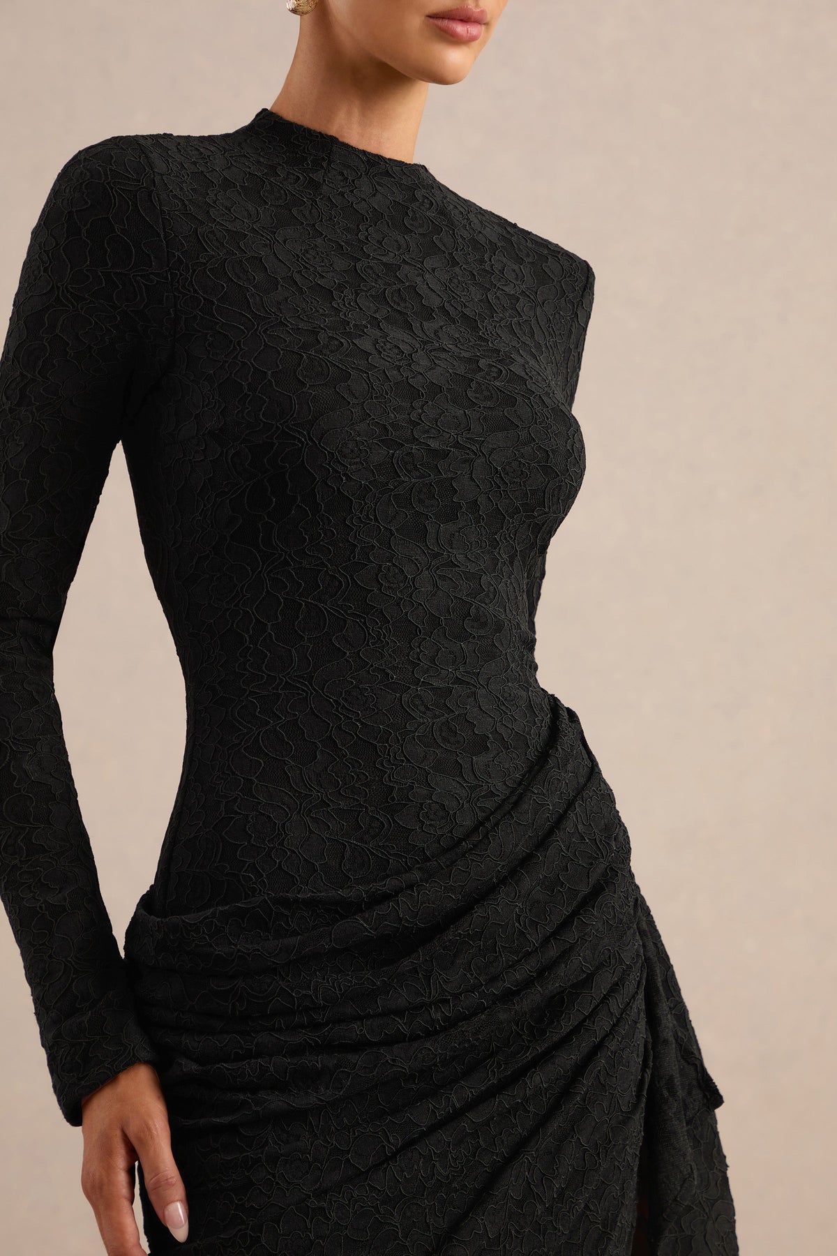 Laureline | Black Lace Crew-Neck Midi Dress With Draped-Detail And Asymmetric-Hem