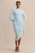 Laureline | Powder Blue Lace Crew-Neck Midi Dress With Draped-Detail And Asymmetric-Hem