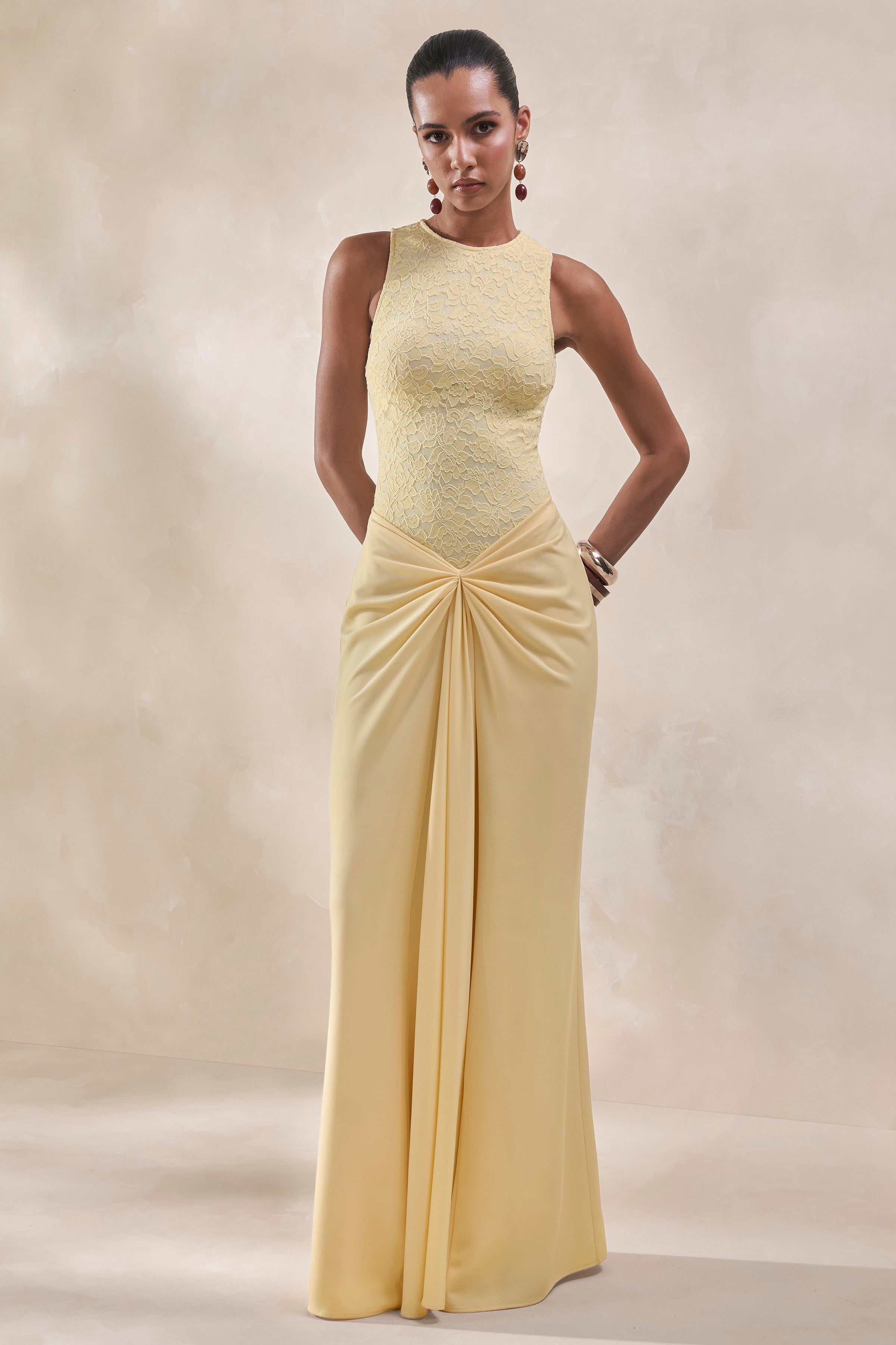 Setaria | Lemon Satin Maxi-Skirt With Gathered-Detailing And Sash