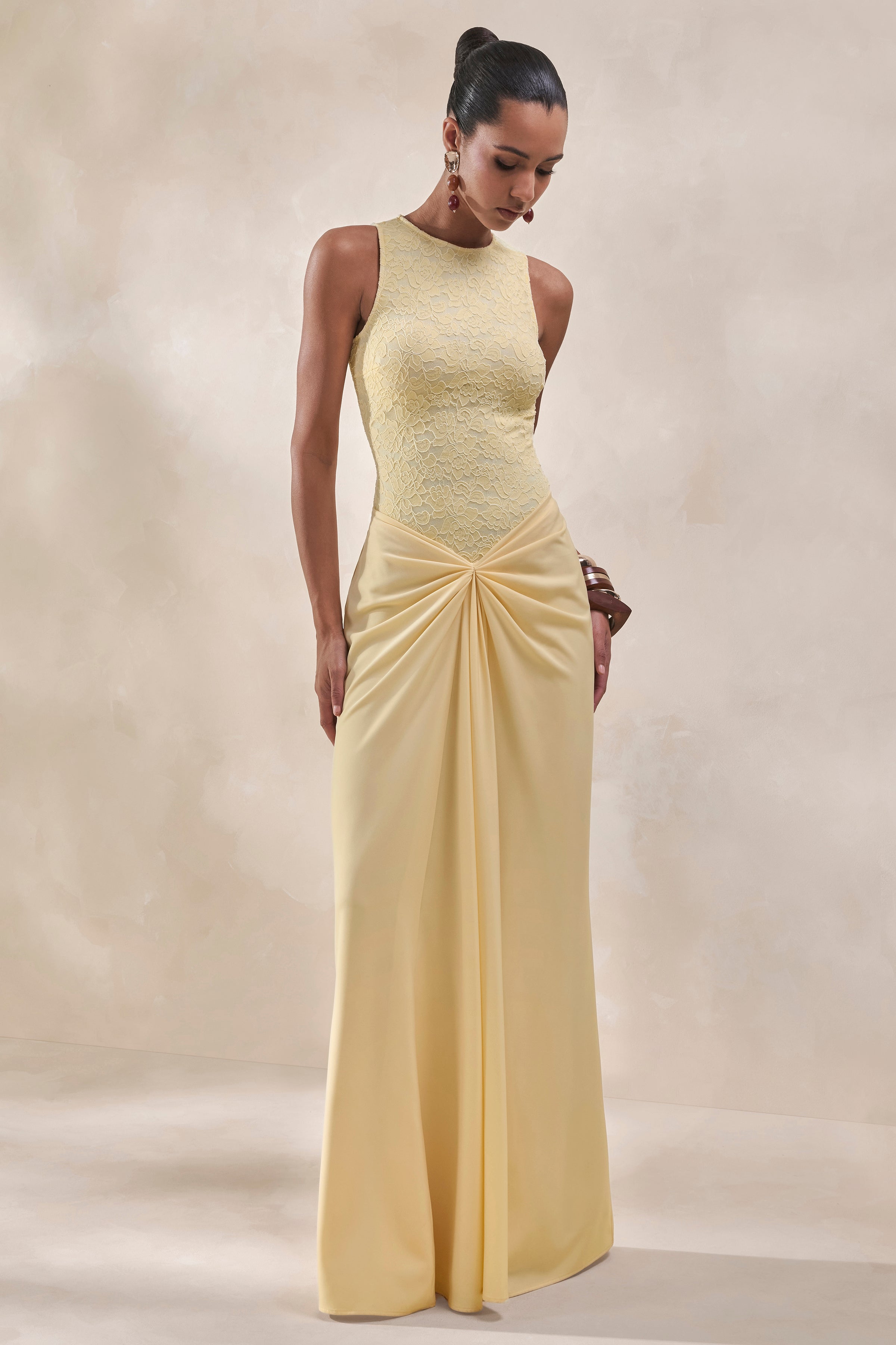 Setaria | Lemon Satin Maxi-Skirt With Gathered-Detailing And Sash