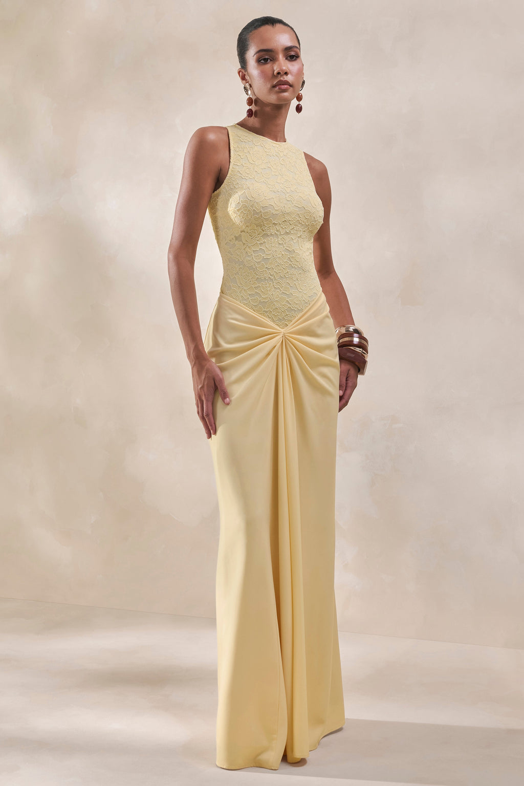 Setaria | Lemon Satin Maxi-Skirt With Gathered-Detailing And Sash