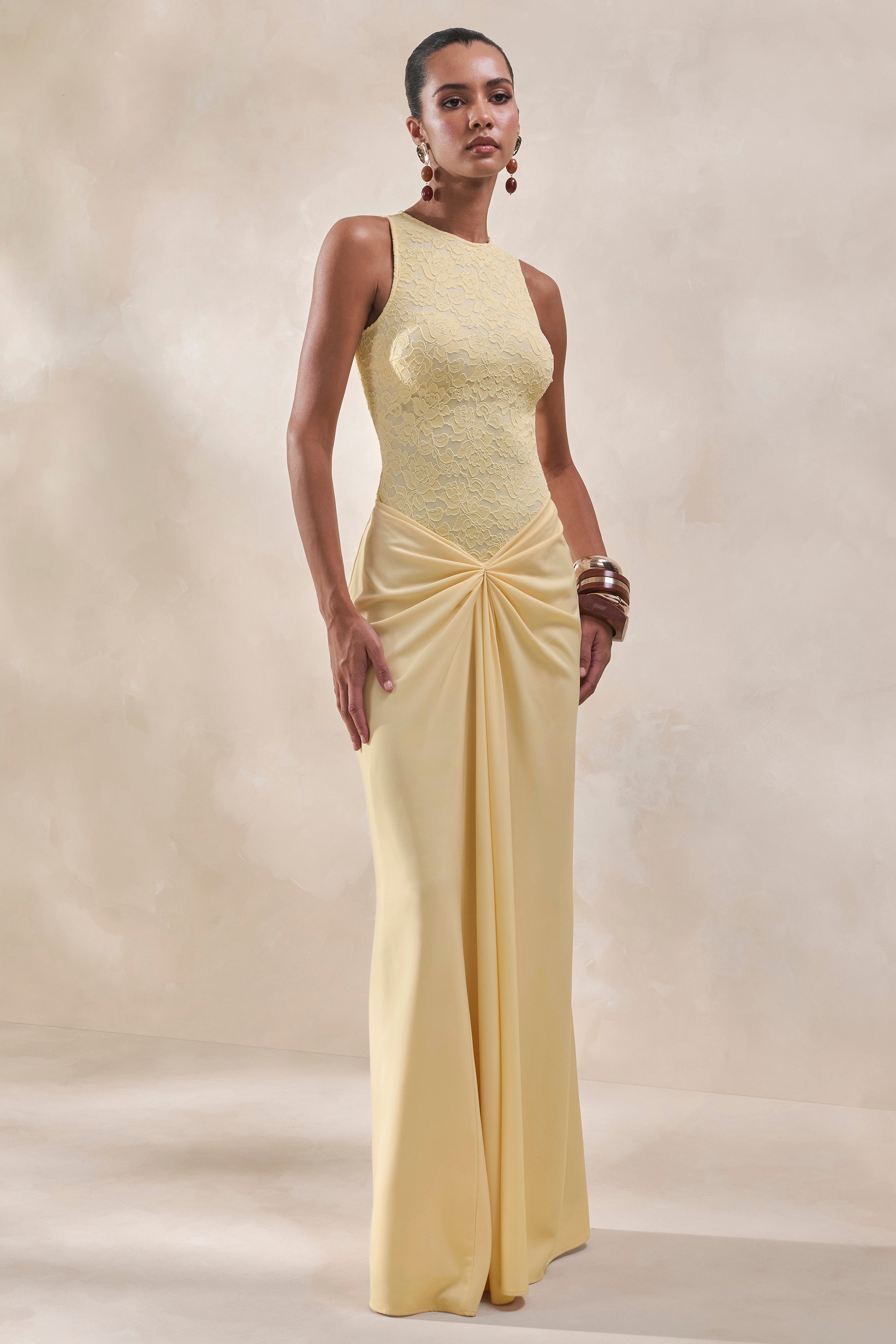 Setaria | Lemon Satin Maxi-Skirt With Gathered-Detailing And Sash
