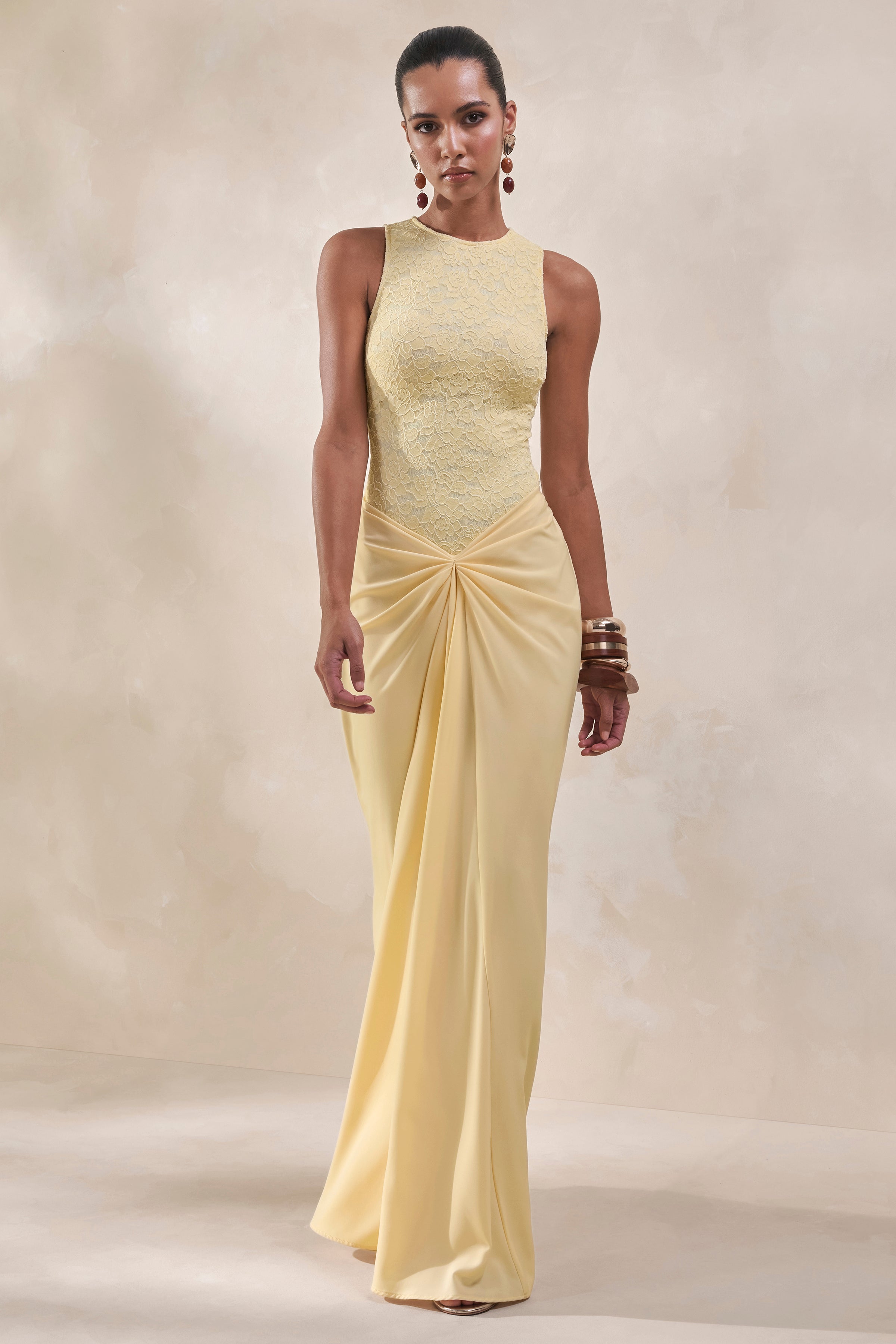 Setaria | Lemon Satin Maxi-Skirt With Gathered-Detailing And Sash