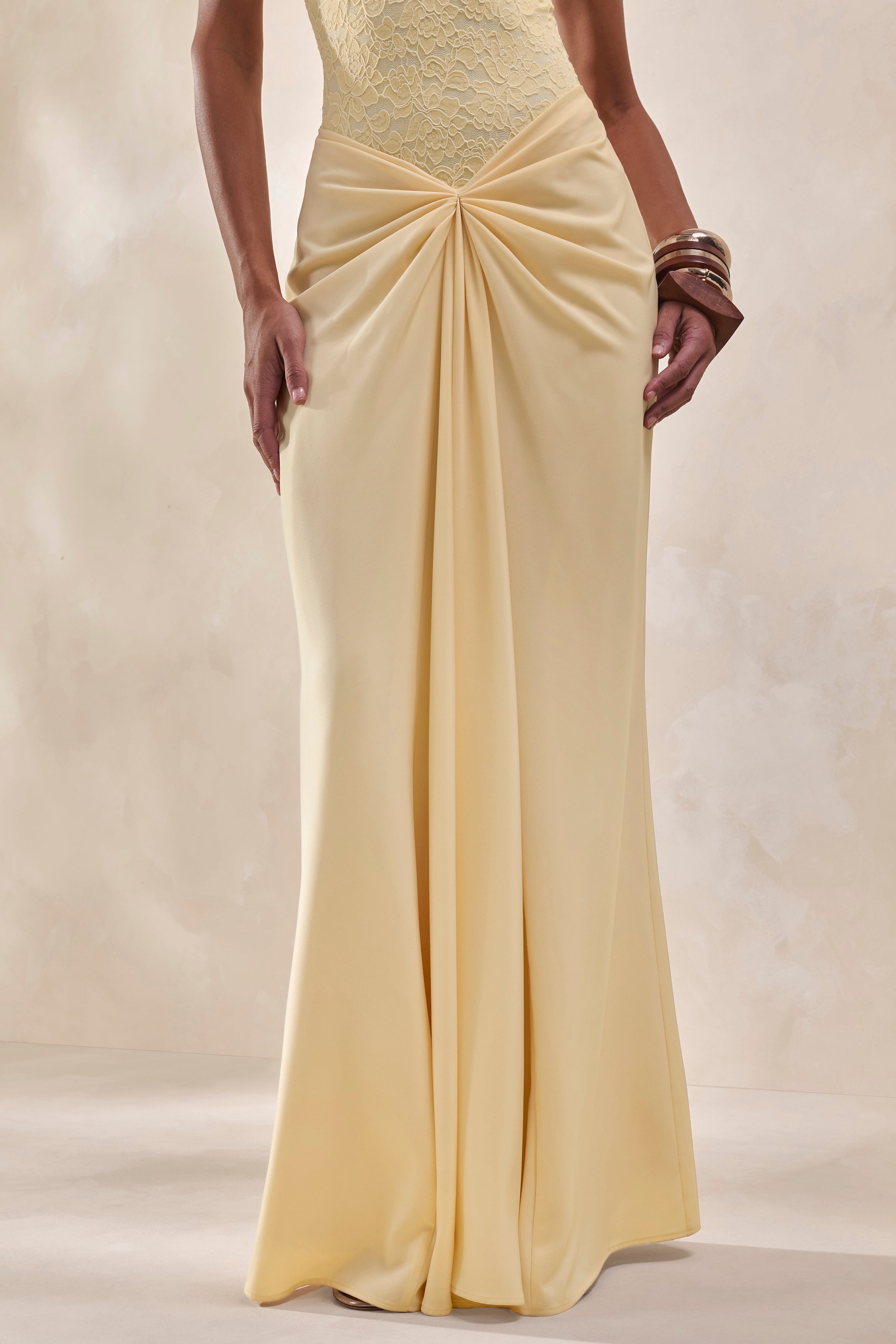 Setaria | Lemon Satin Maxi-Skirt With Gathered-Detailing And Sash