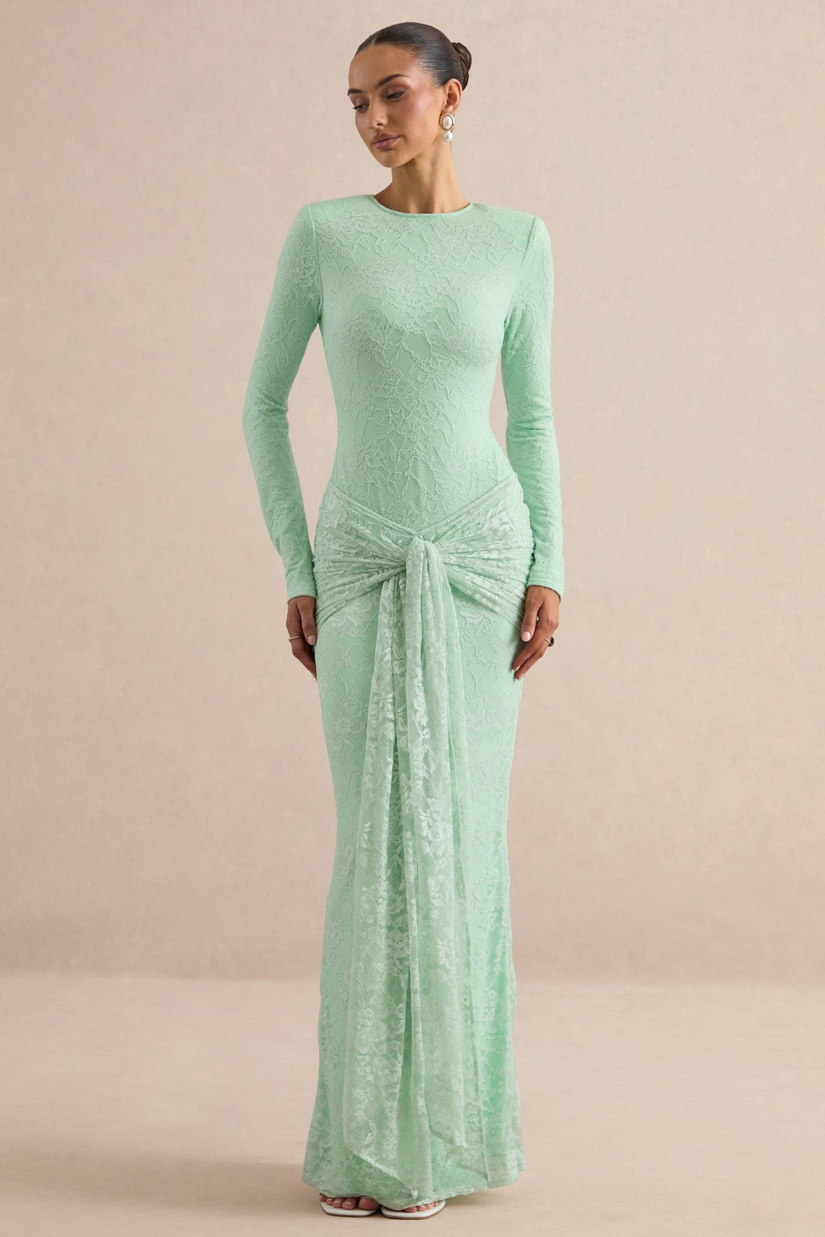 Neriva | Mint Lace Maxi Skirt With Gathered Detailing And Sash