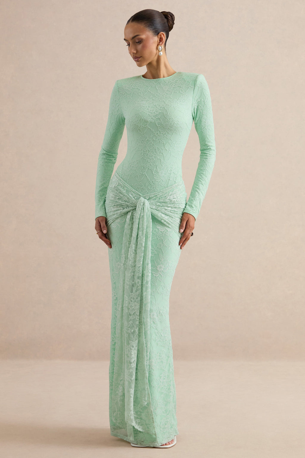 Neriva | Mint Lace Maxi Skirt With Gathered Detailing And Sash
