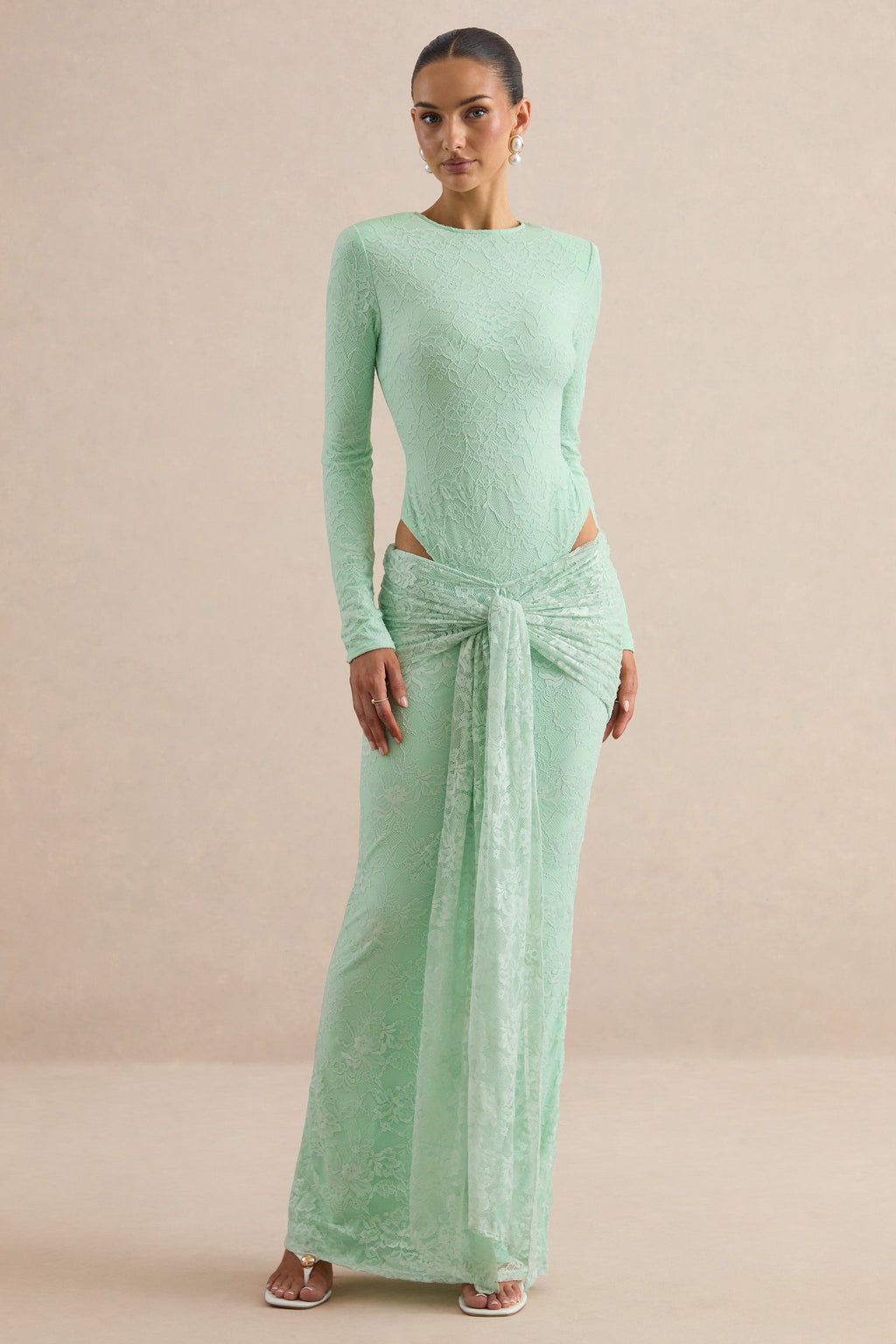 Neriva | Mint Lace Maxi Skirt With Gathered Detailing And Sash