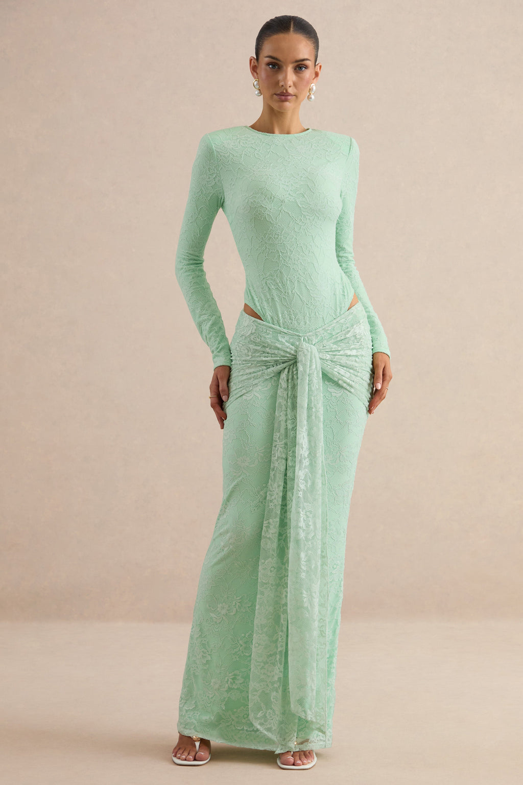 Neriva | Mint Lace Maxi Skirt With Gathered Detailing And Sash