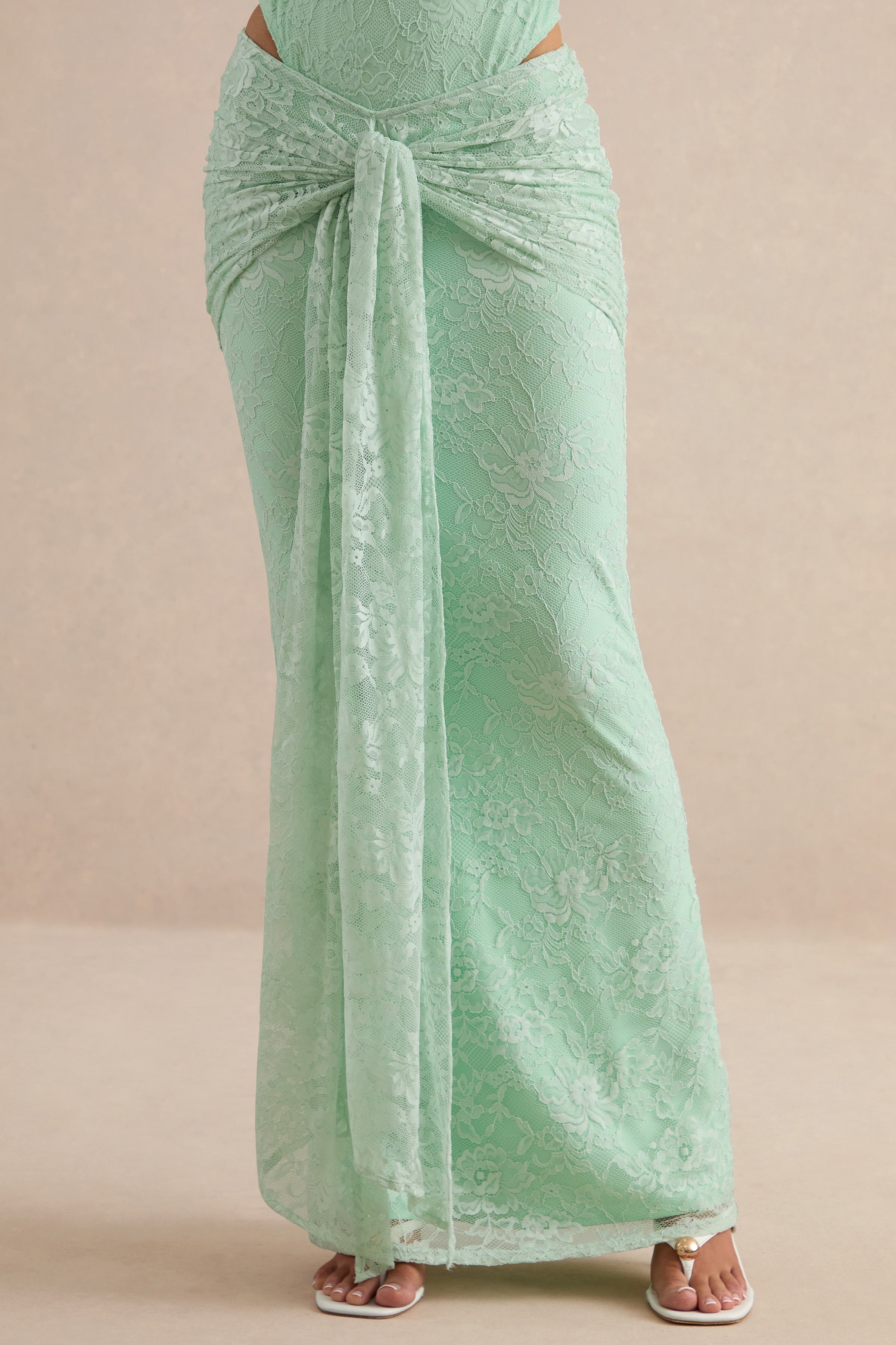 Neriva | Mint Lace Maxi Skirt With Gathered Detailing And Sash