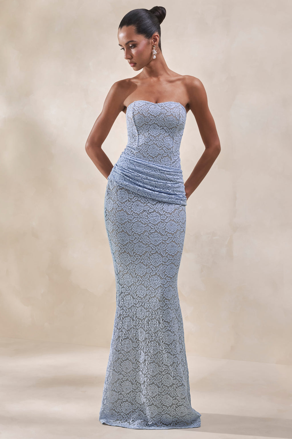 Viara | Powder Blue Lace Maxi Skirt With Draped-Detailing